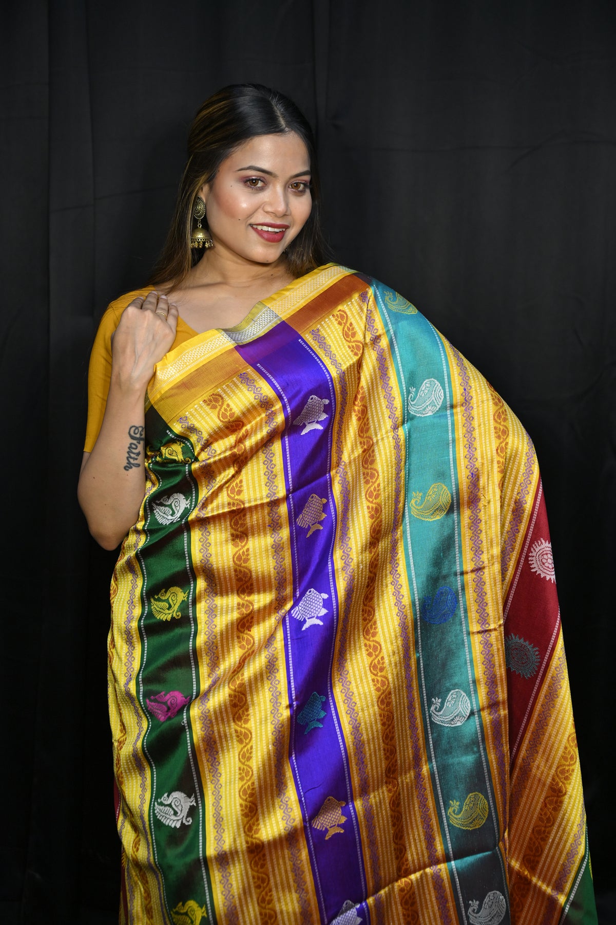 Coffee Yellow Multi Colour Double Anchal Berhampuri Silk Saree