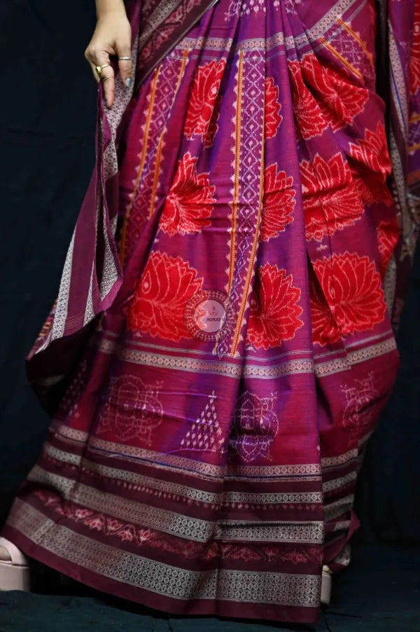 Purple Maroon Natural Dye Lotus Motifs Sambalpuri Cotton Saree