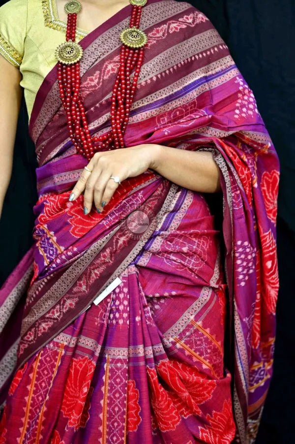 Purple Maroon Natural Dye Lotus Motifs Sambalpuri Cotton Saree