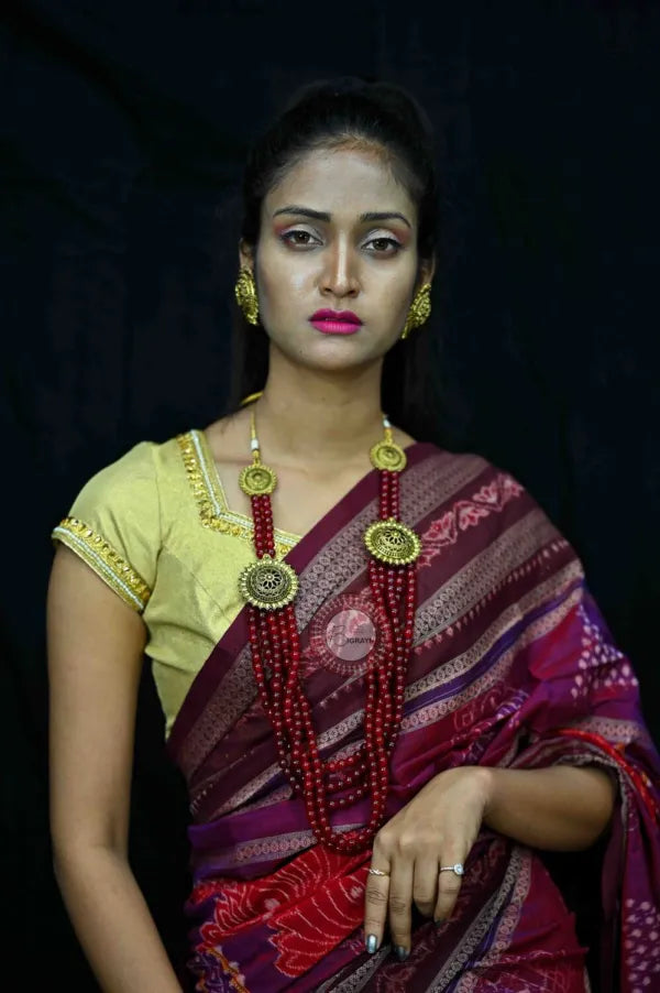 Purple Maroon Natural Dye Lotus Motifs Sambalpuri Cotton Saree