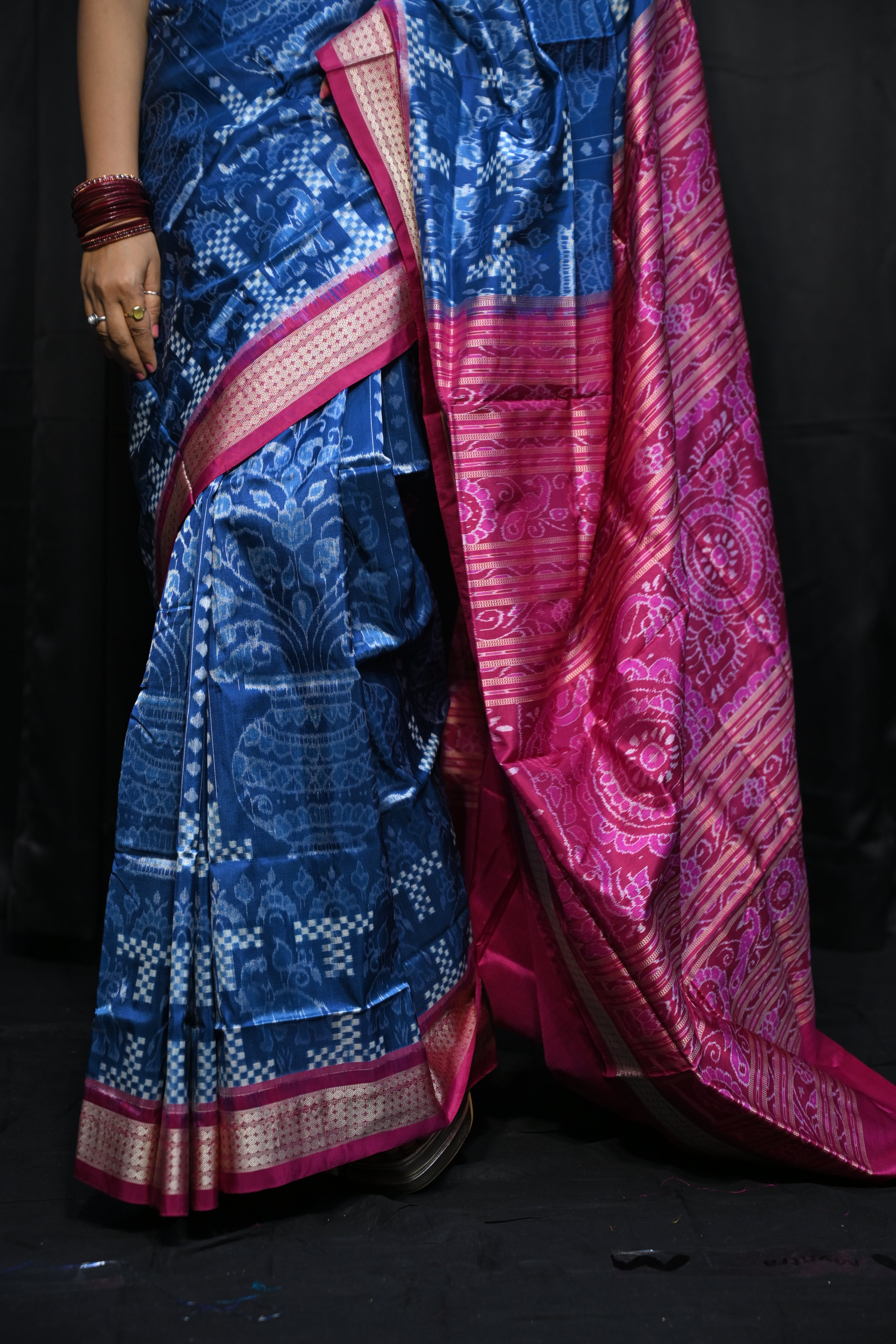 Teal Blue Magenta Tree Design Sambalpuri Silk Saree