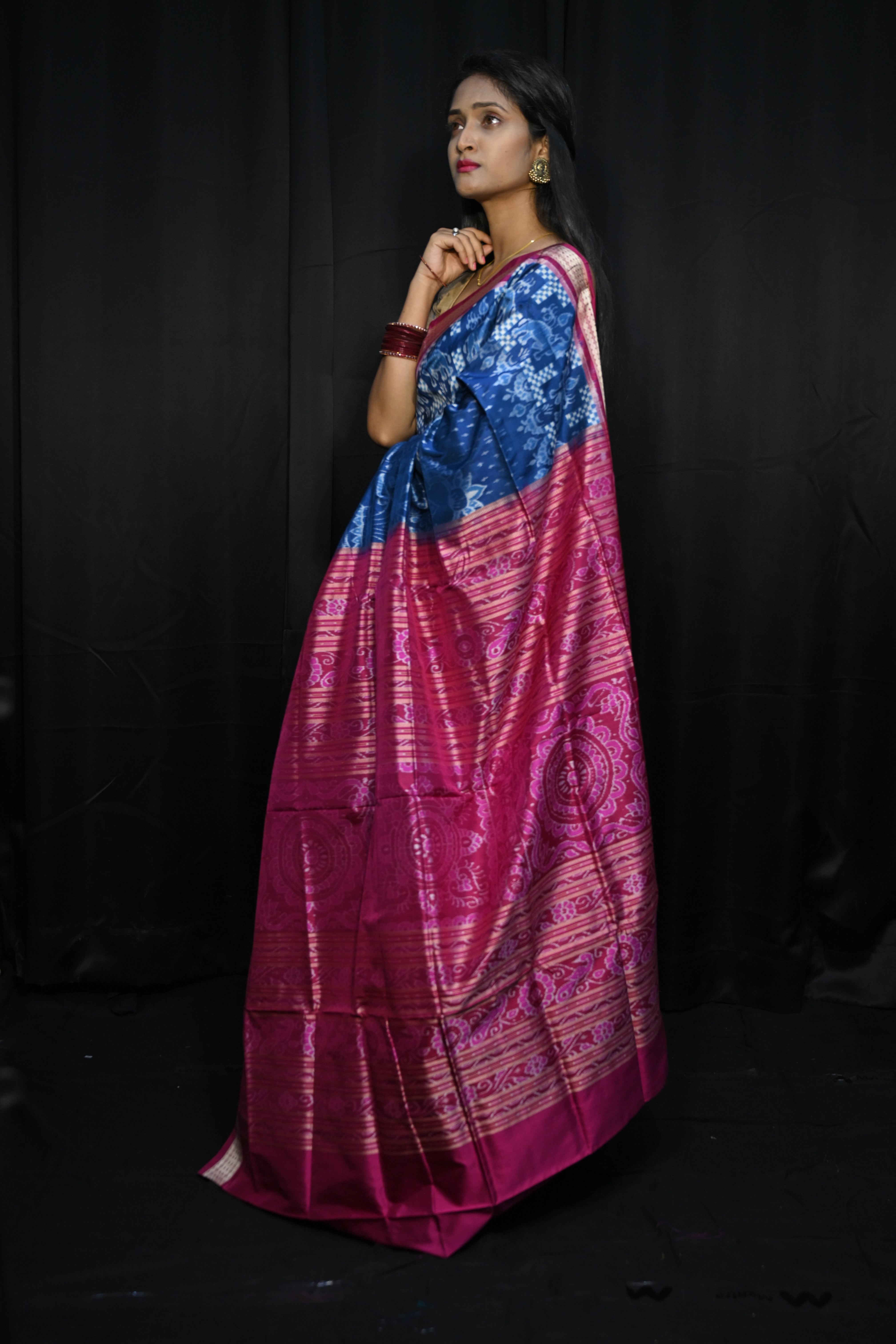 Teal Blue Magenta Tree Design Sambalpuri Silk Saree