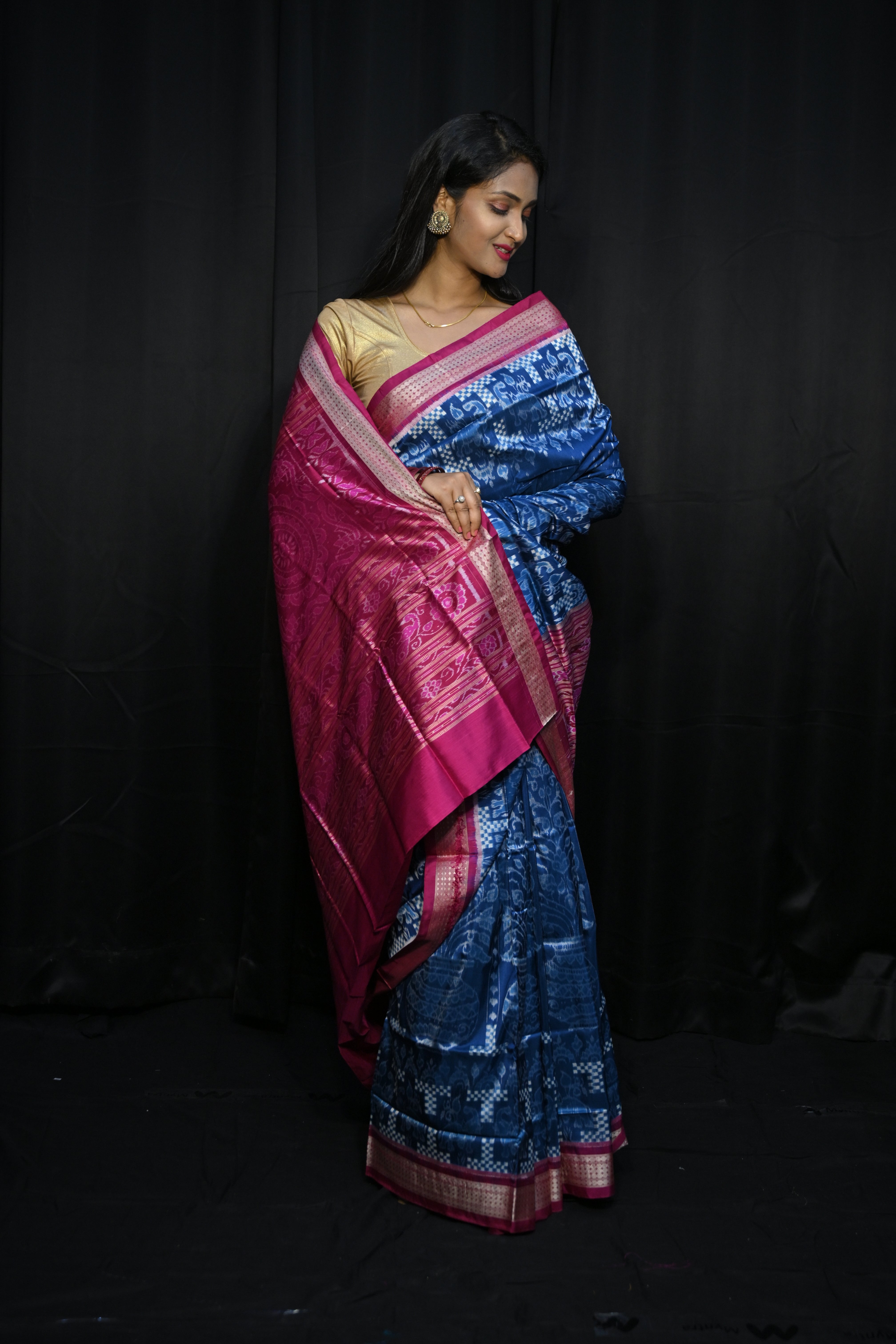 Teal Blue Magenta Tree Design Sambalpuri Silk Saree