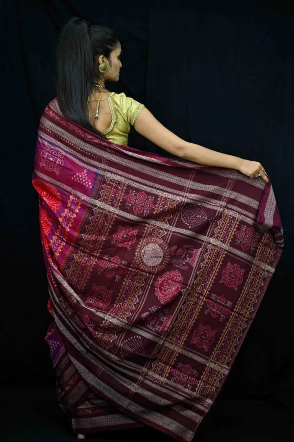 Purple Maroon Natural Dye Lotus Motifs Sambalpuri Cotton Saree