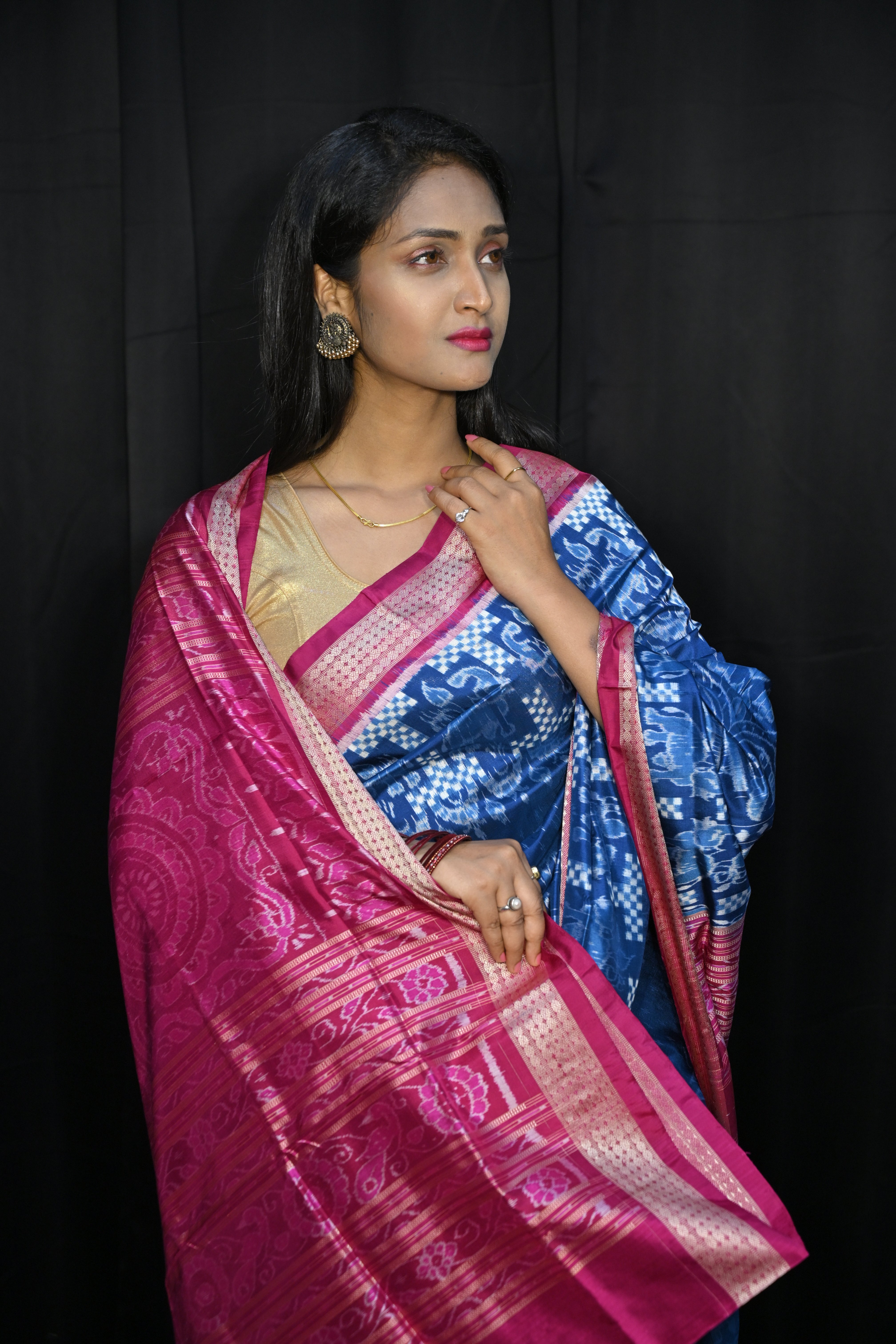 Teal Blue Magenta Tree Design Sambalpuri Silk Saree