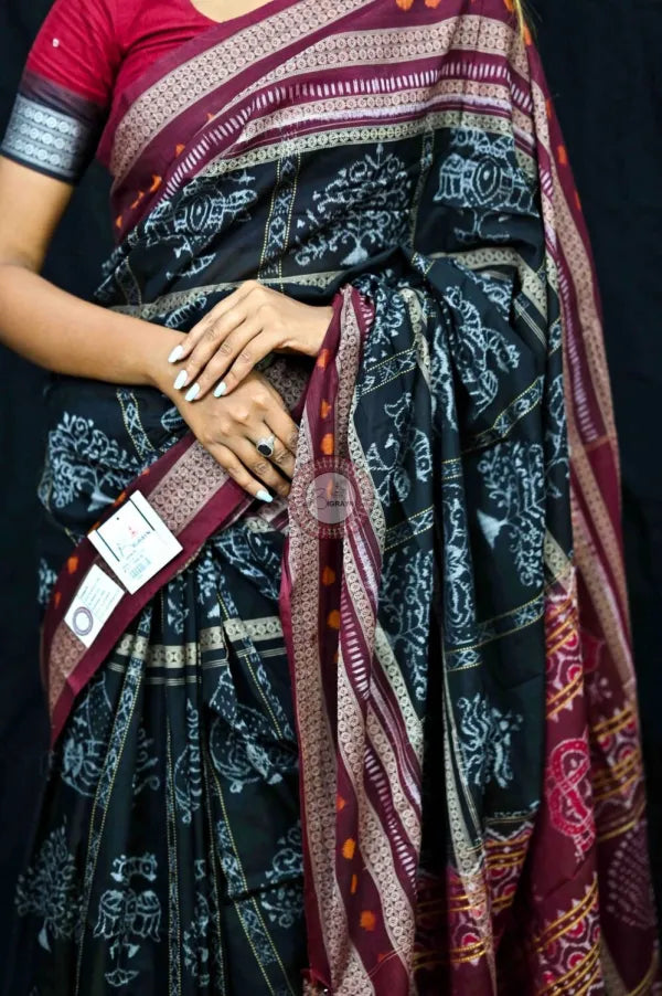Black Maroon Natural Dye Tree Motifs Sambalpuri Cotton Saree
