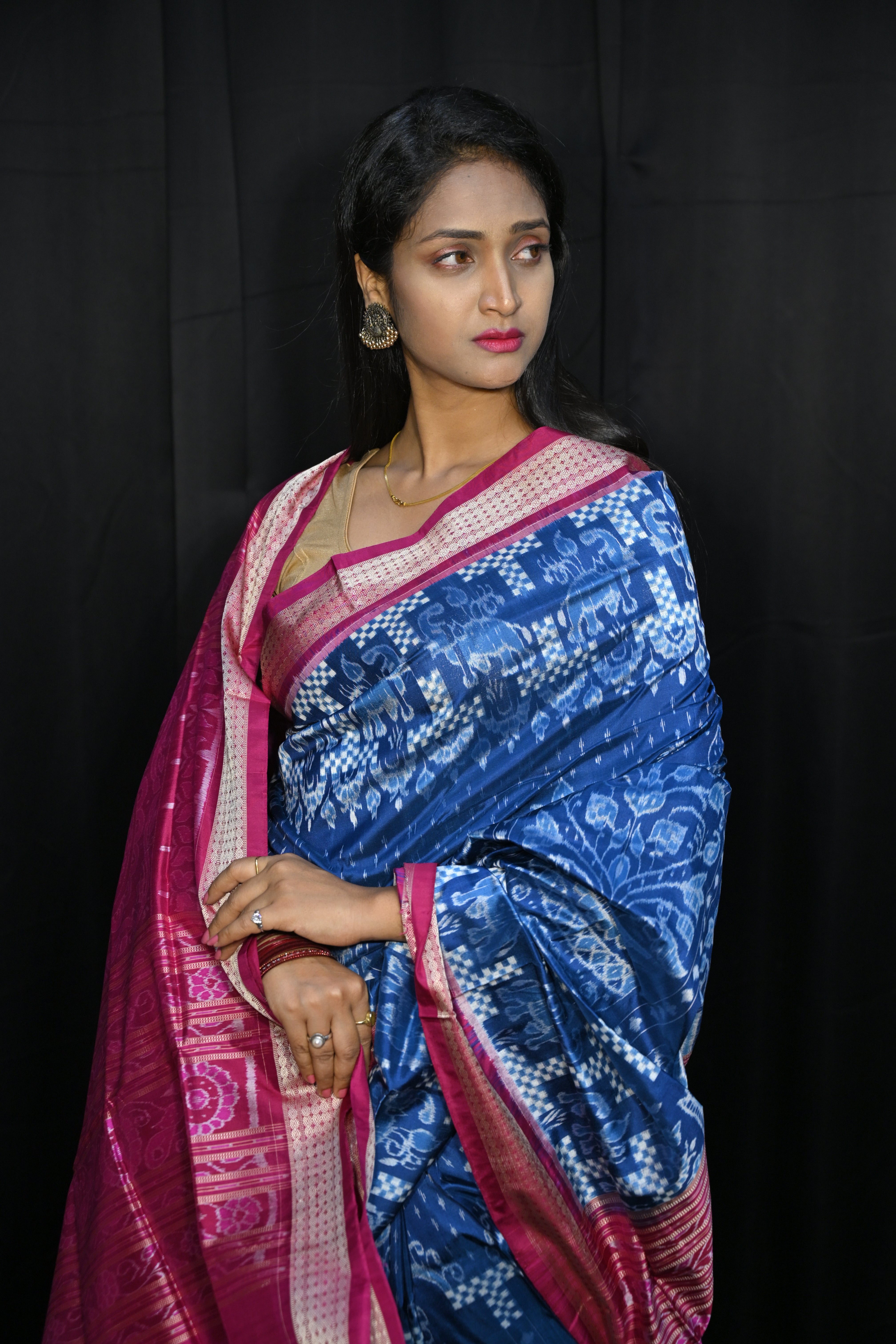 Teal Blue Magenta Tree Design Sambalpuri Silk Saree