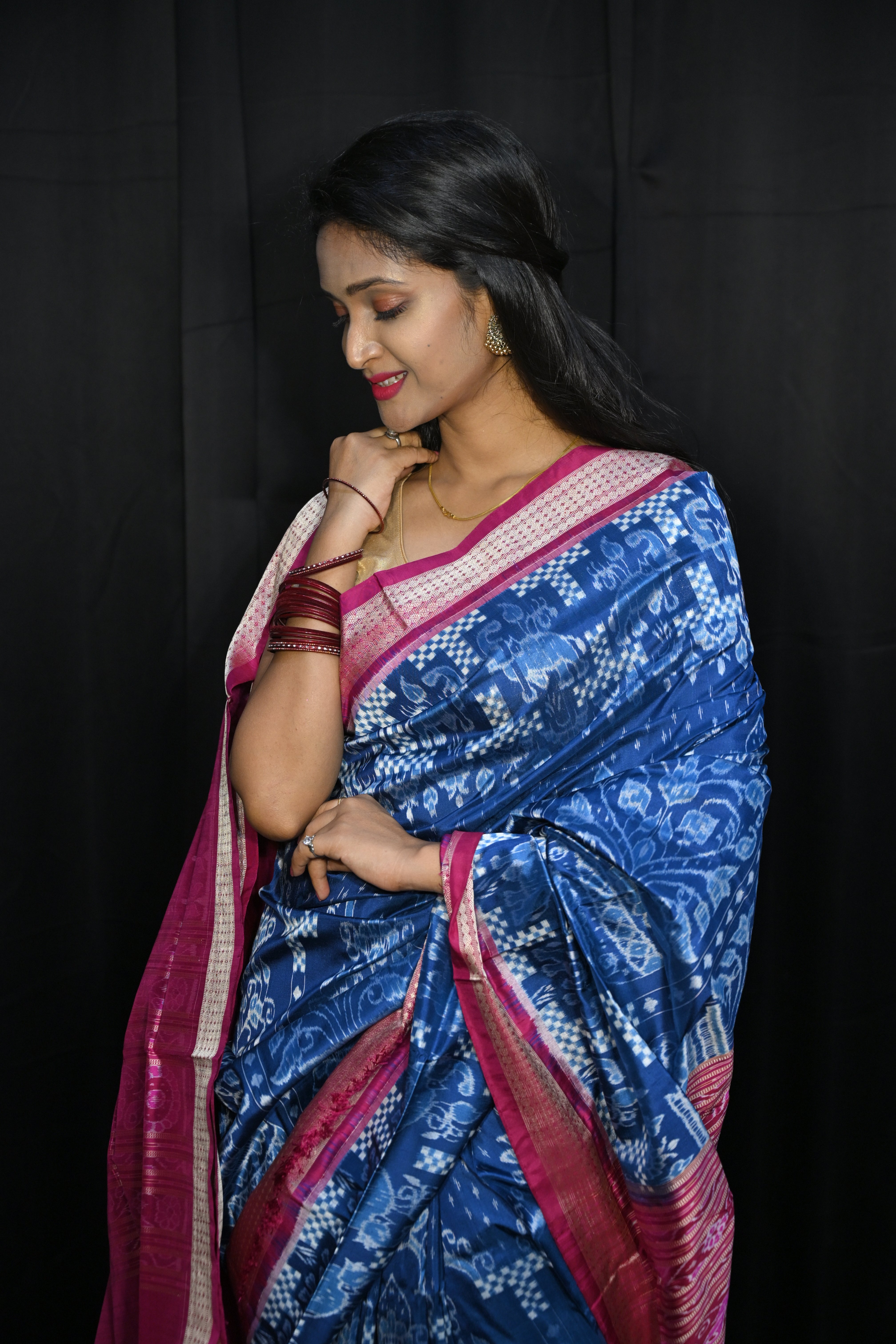 Teal Blue Magenta Tree Design Sambalpuri Silk Saree