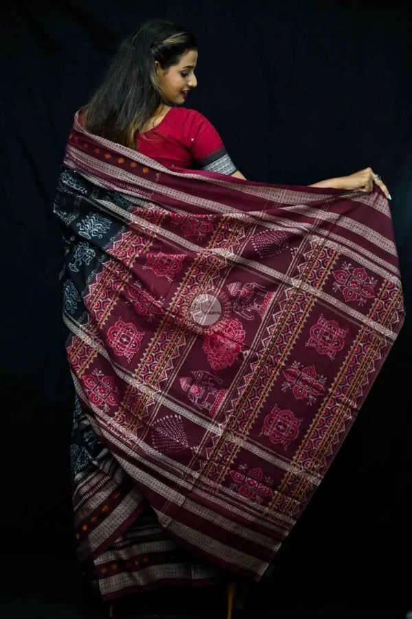 Black Maroon Natural Dye Tree Motifs Sambalpuri Cotton Saree