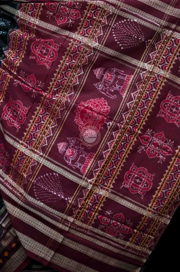 Black Maroon Natural Dye Tree Motifs Sambalpuri Cotton Saree