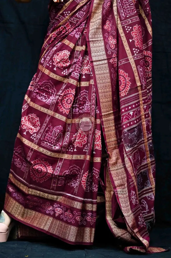 Maroon Natural Dye Motifs Sambalpuri Cotton Saree