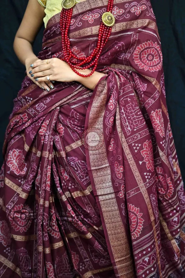 Maroon Natural Dye Motifs Sambalpuri Cotton Saree