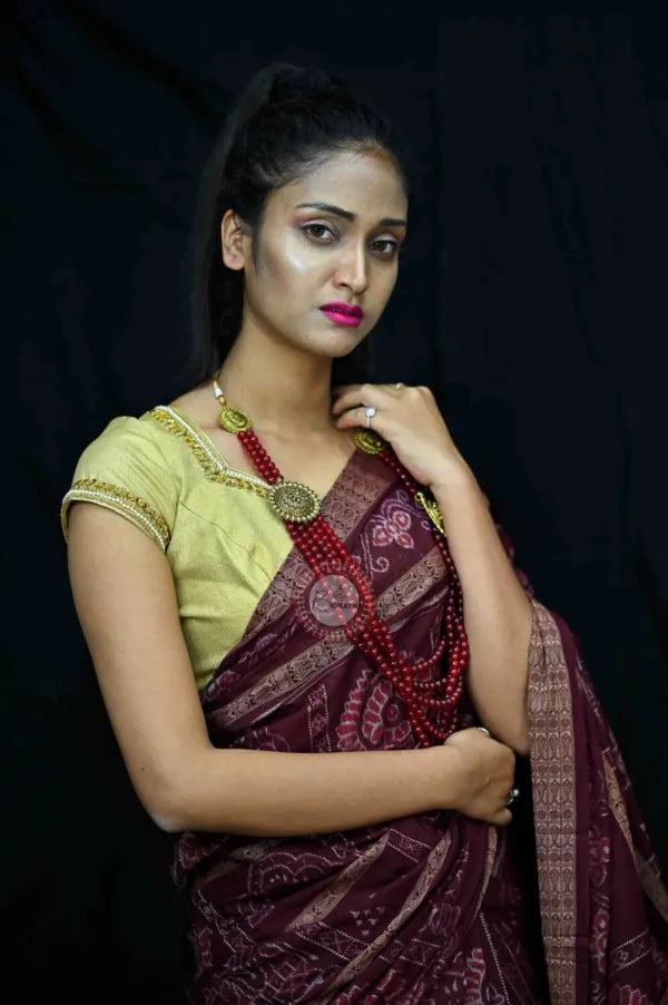 Maroon Natural Dye Motifs Sambalpuri Cotton Saree