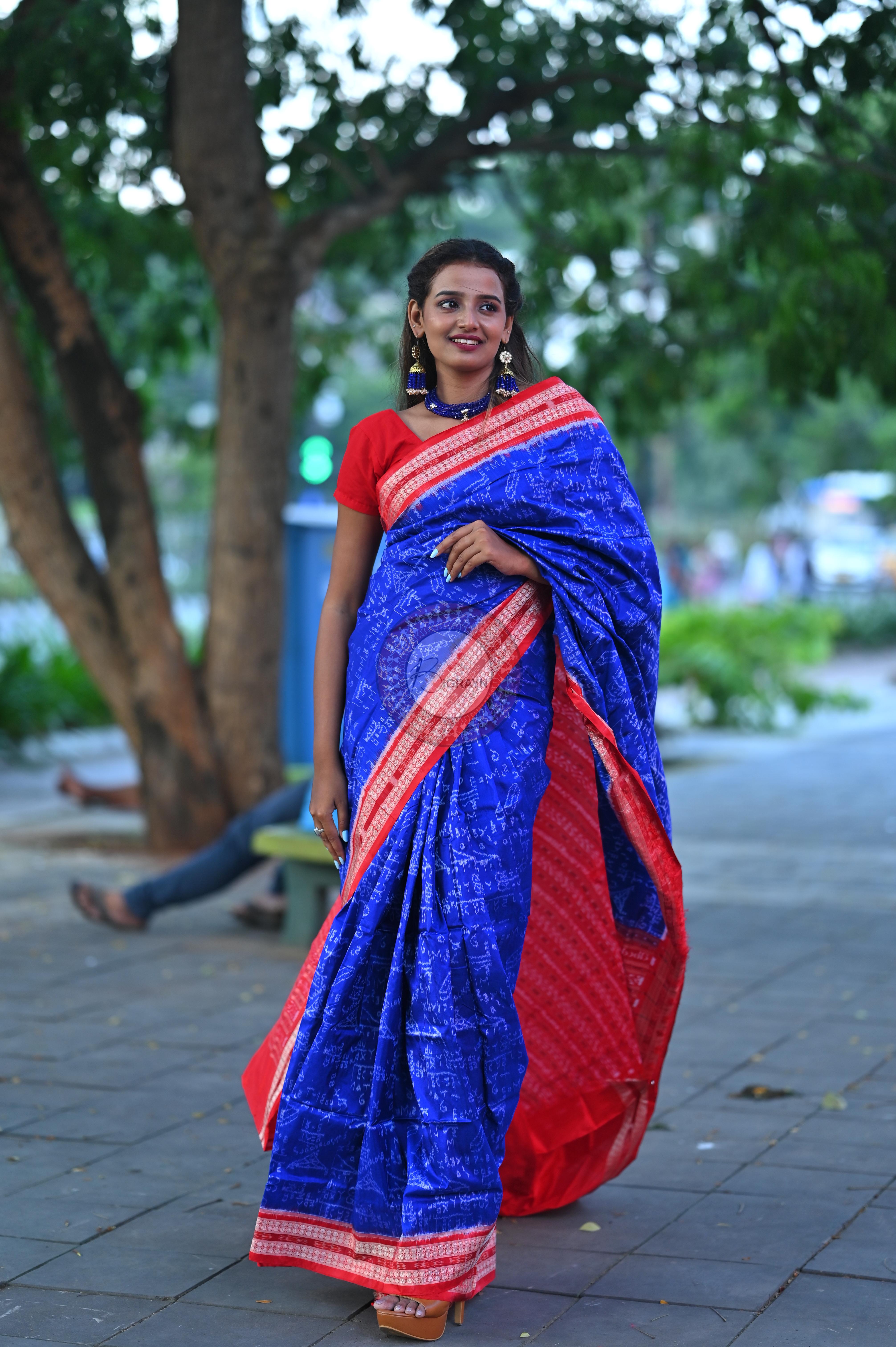 Blue Red Mathematics Sambalpuri Silk Saree