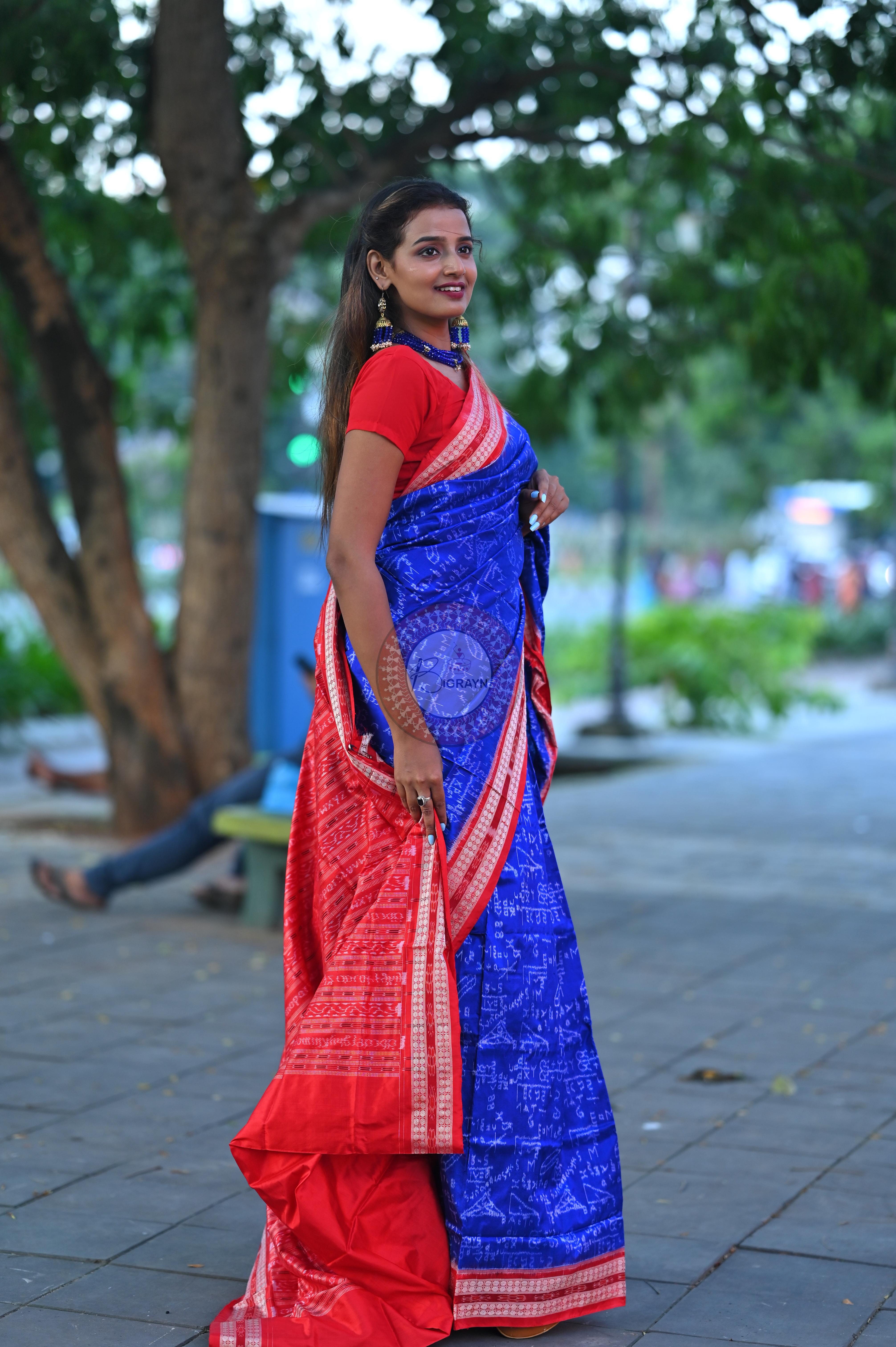 Blue Red Mathematics Sambalpuri Silk Saree
