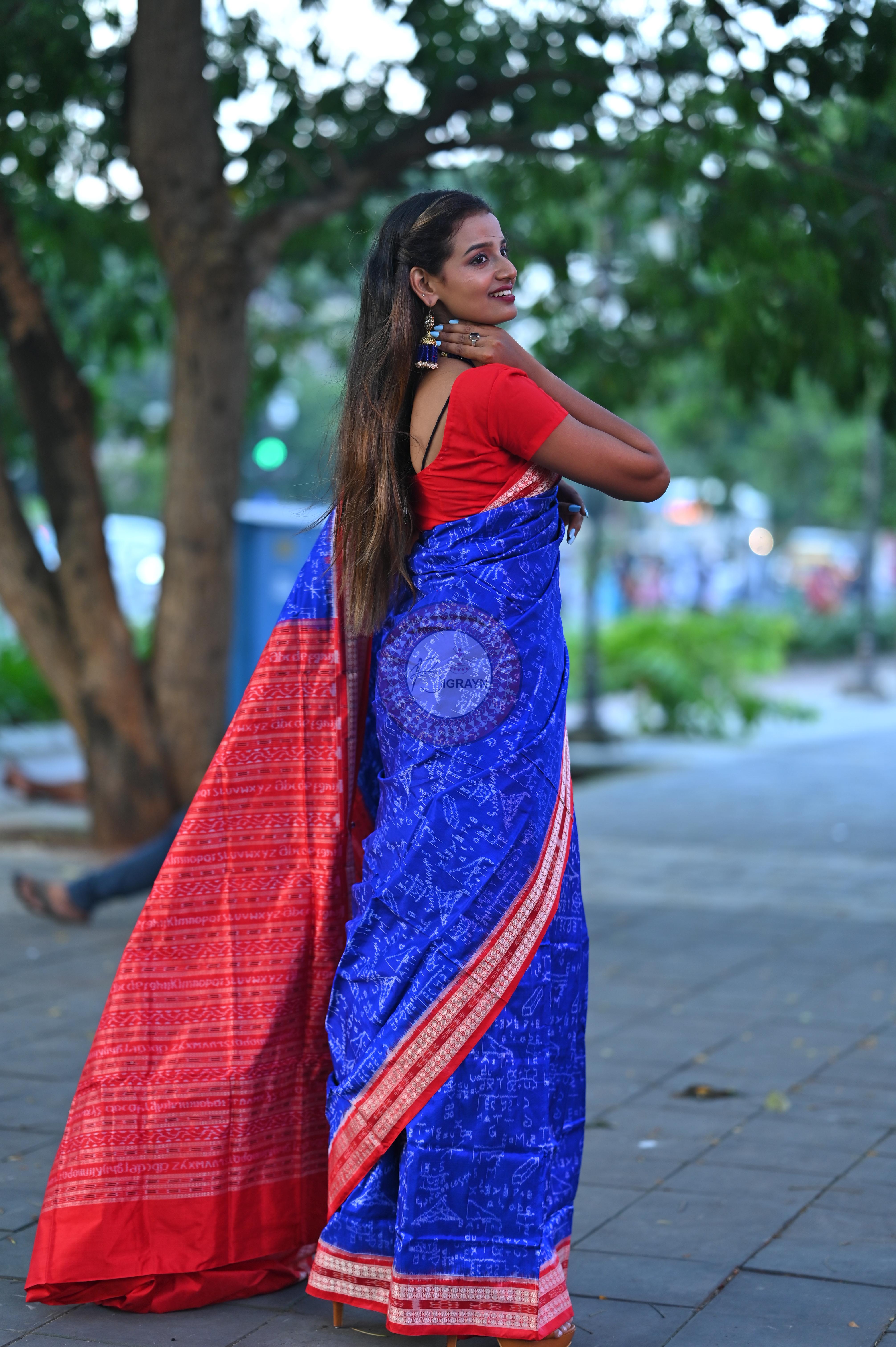 Blue Red Mathematics Sambalpuri Silk Saree