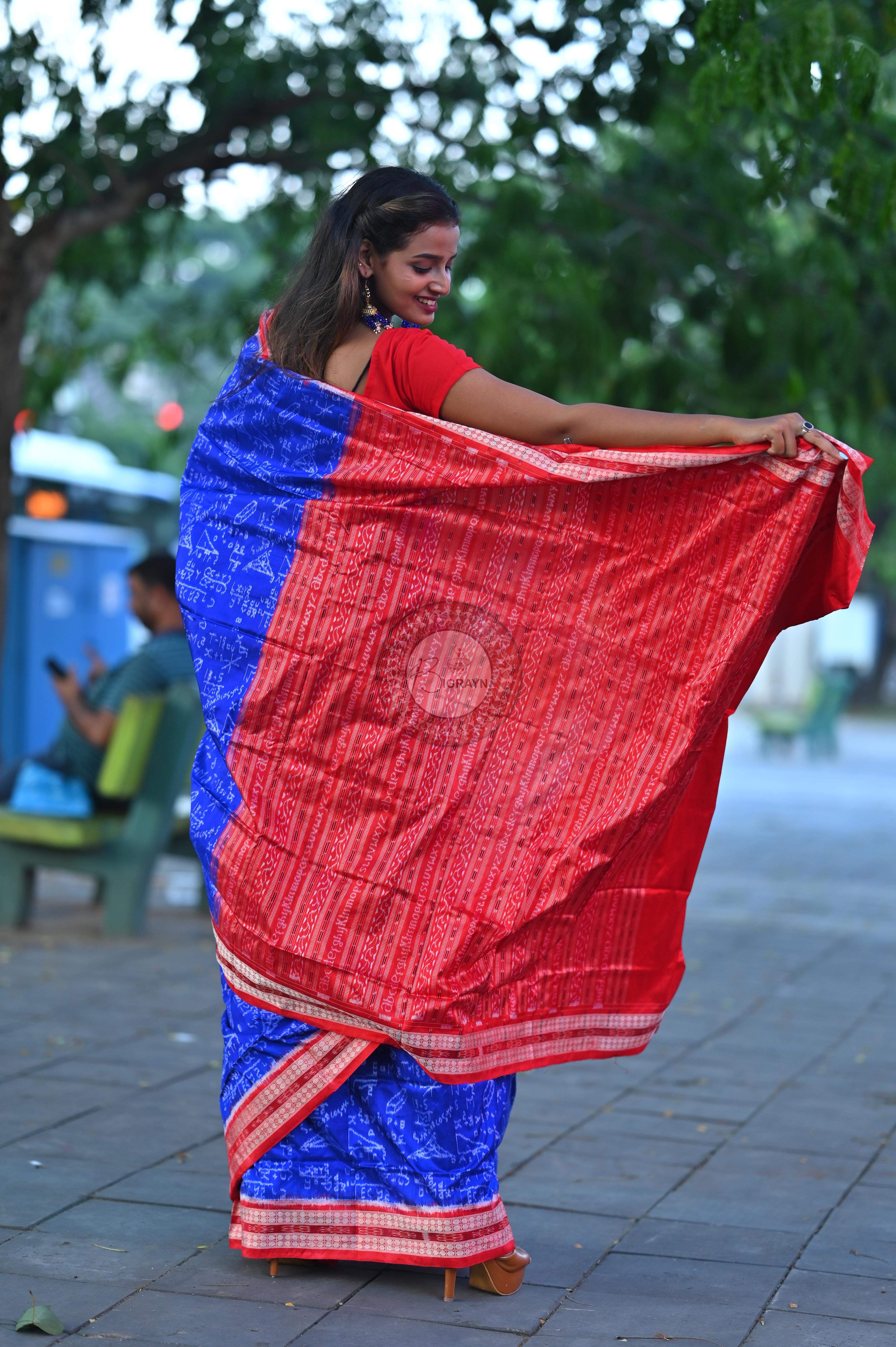 Blue Red Mathematics Sambalpuri Silk Saree
