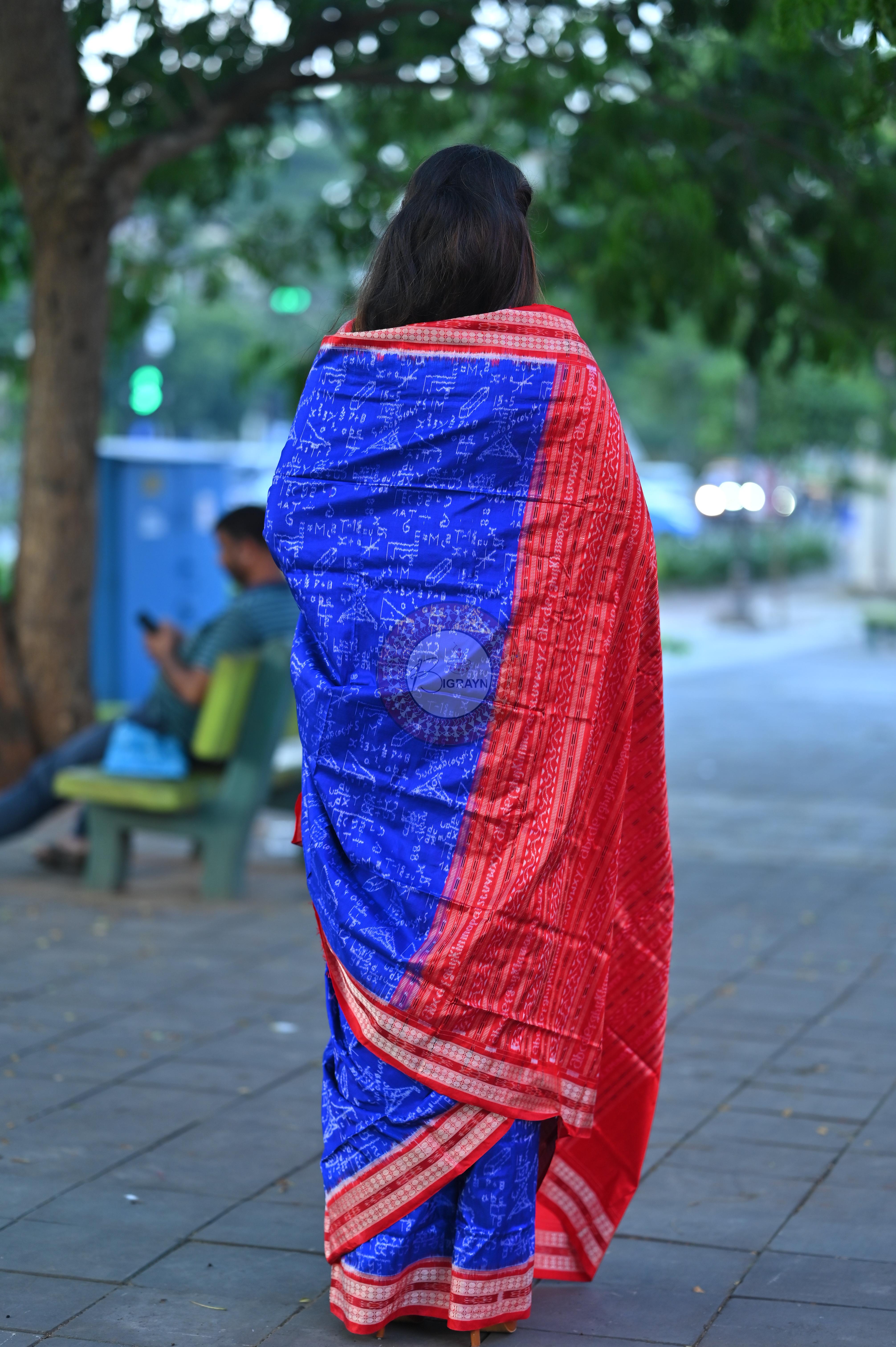 Blue Red Mathematics Sambalpuri Silk Saree