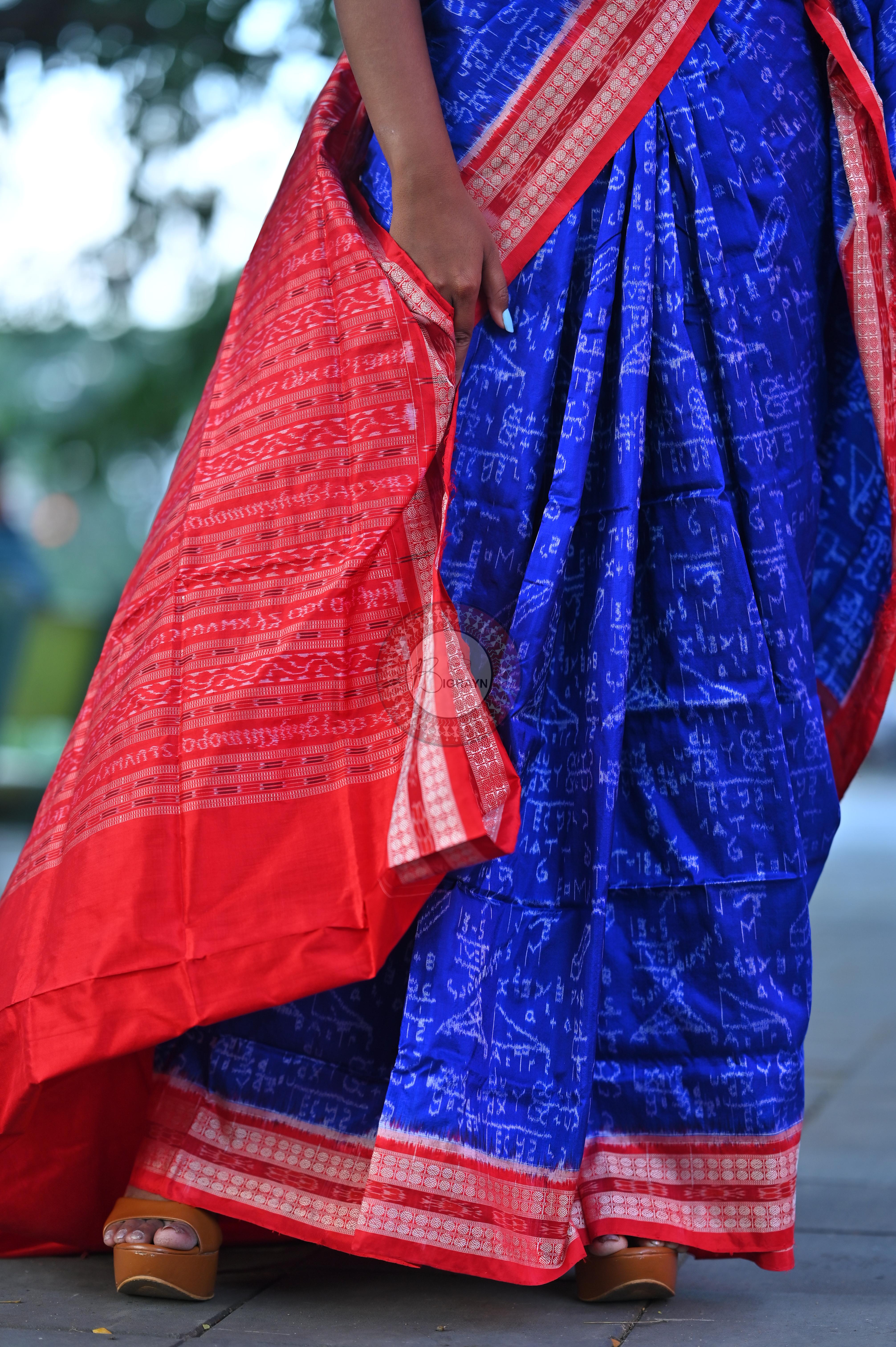 Blue Red Mathematics Sambalpuri Silk Saree