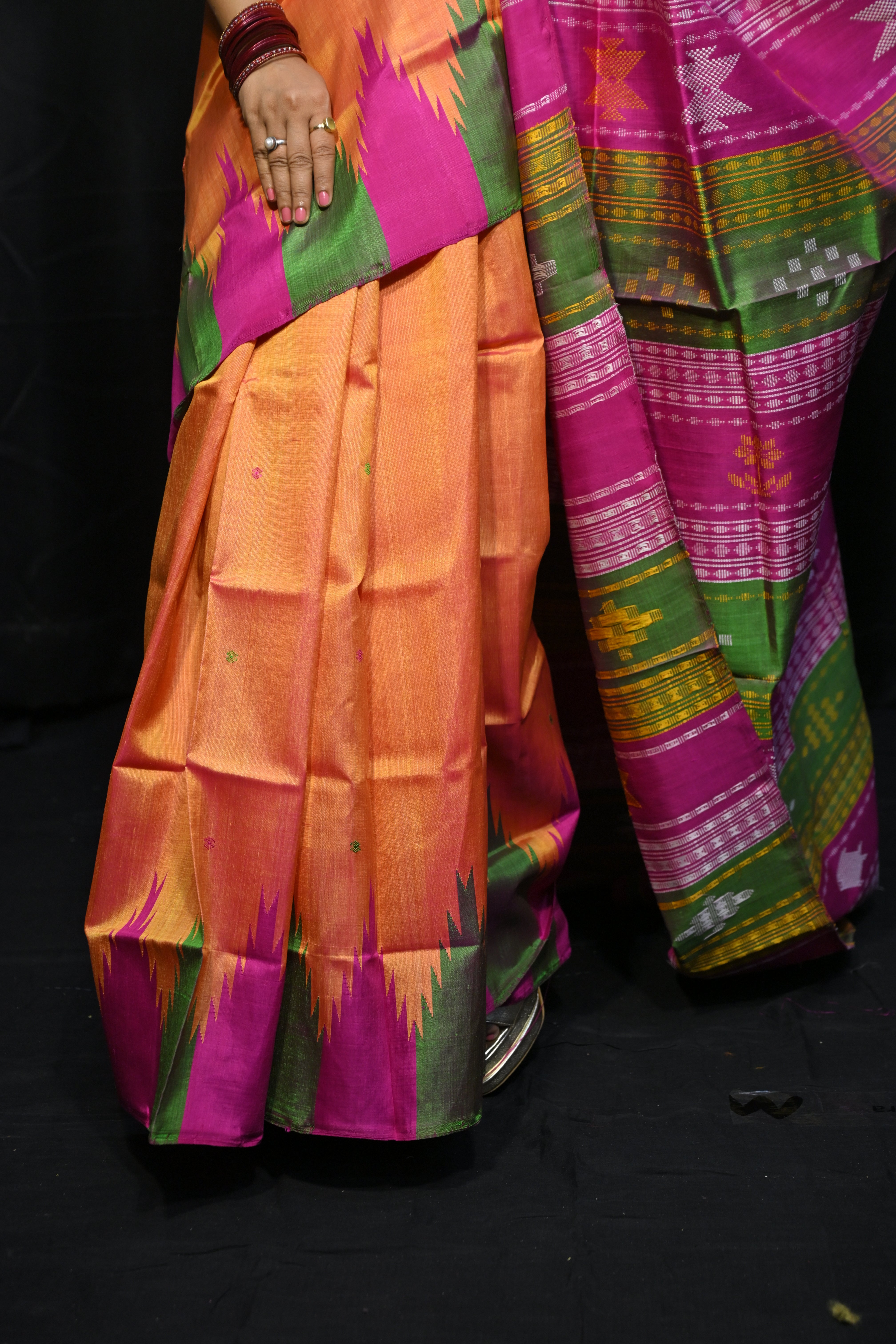 Rust Multi Colour Kumbha Double Anchal Berhampuri Silk Saree