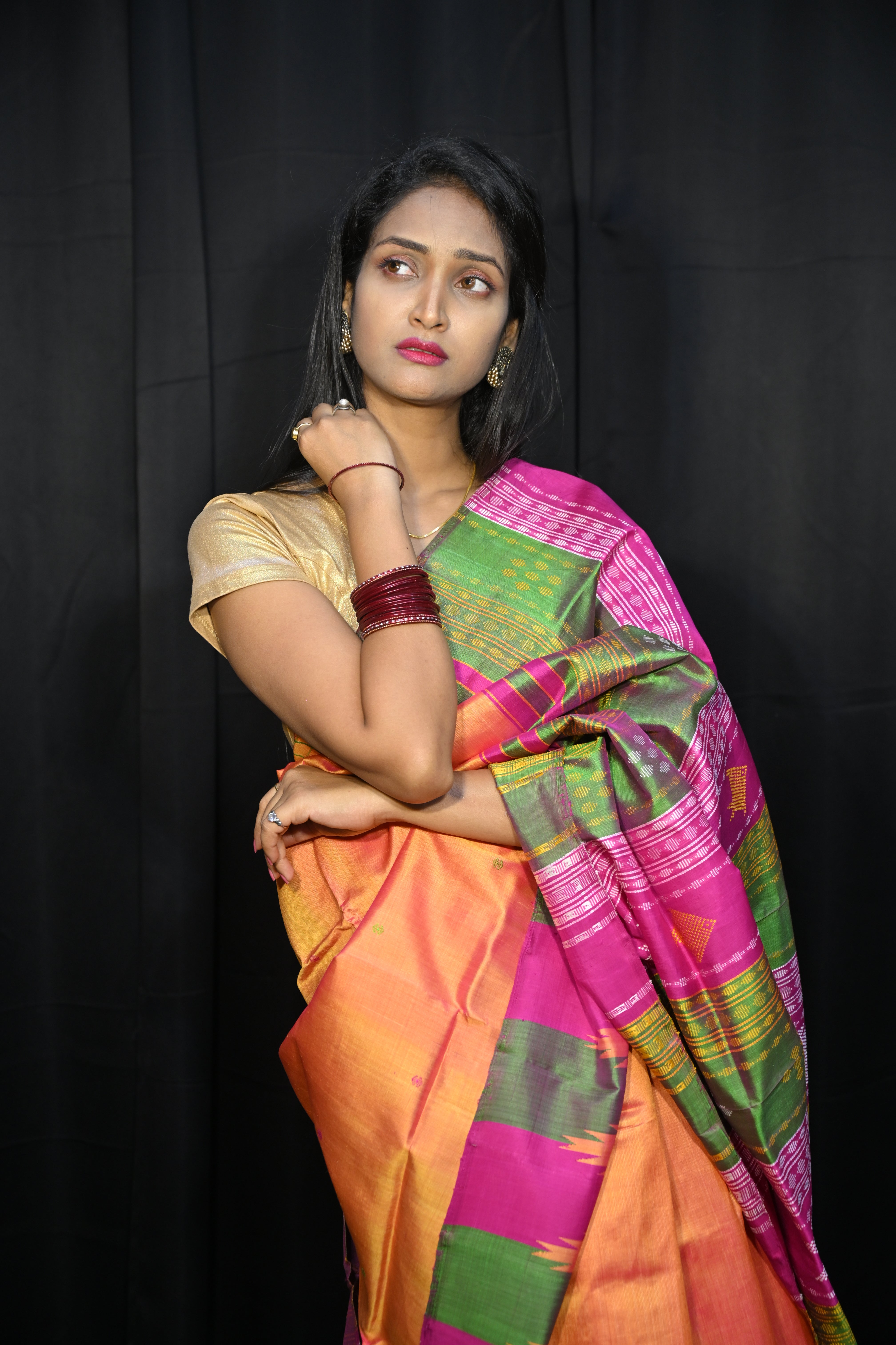 Rust Multi Colour Kumbha Double Anchal Berhampuri Silk Saree