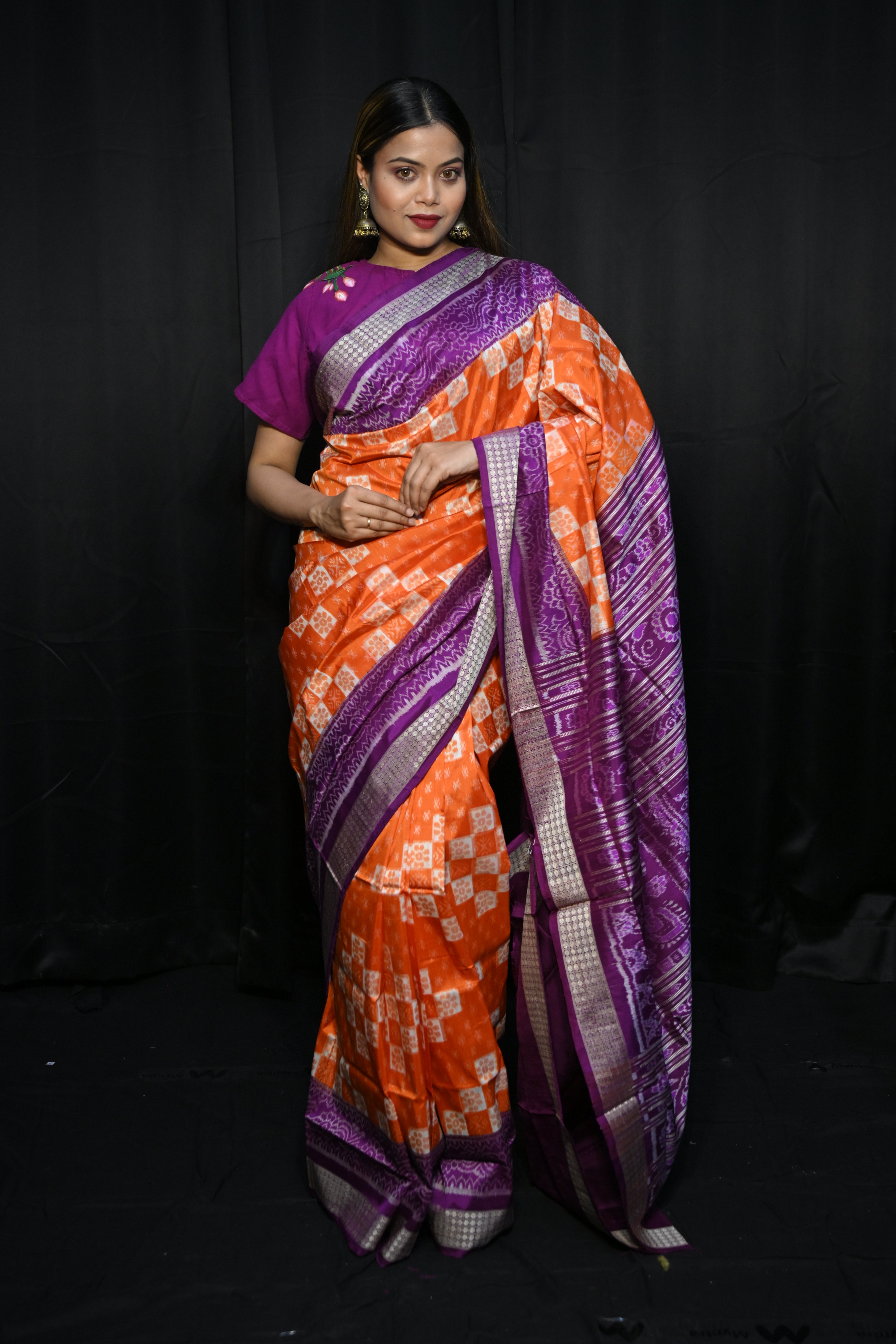 Orange Purple Pasapali Design Sambalpuri Silk Saree