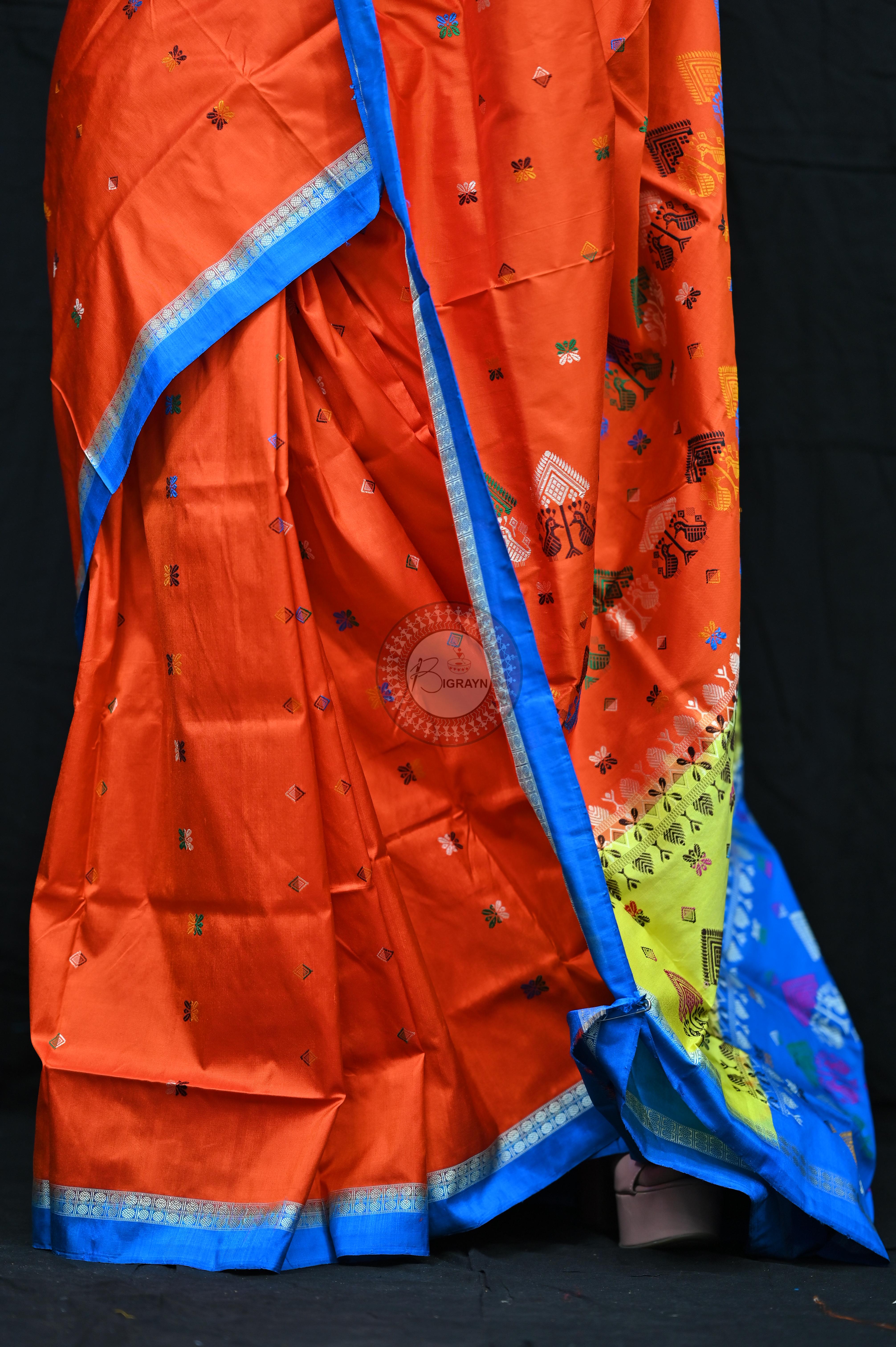 Orange Sky creame Teracota Bomkai Silk Saree