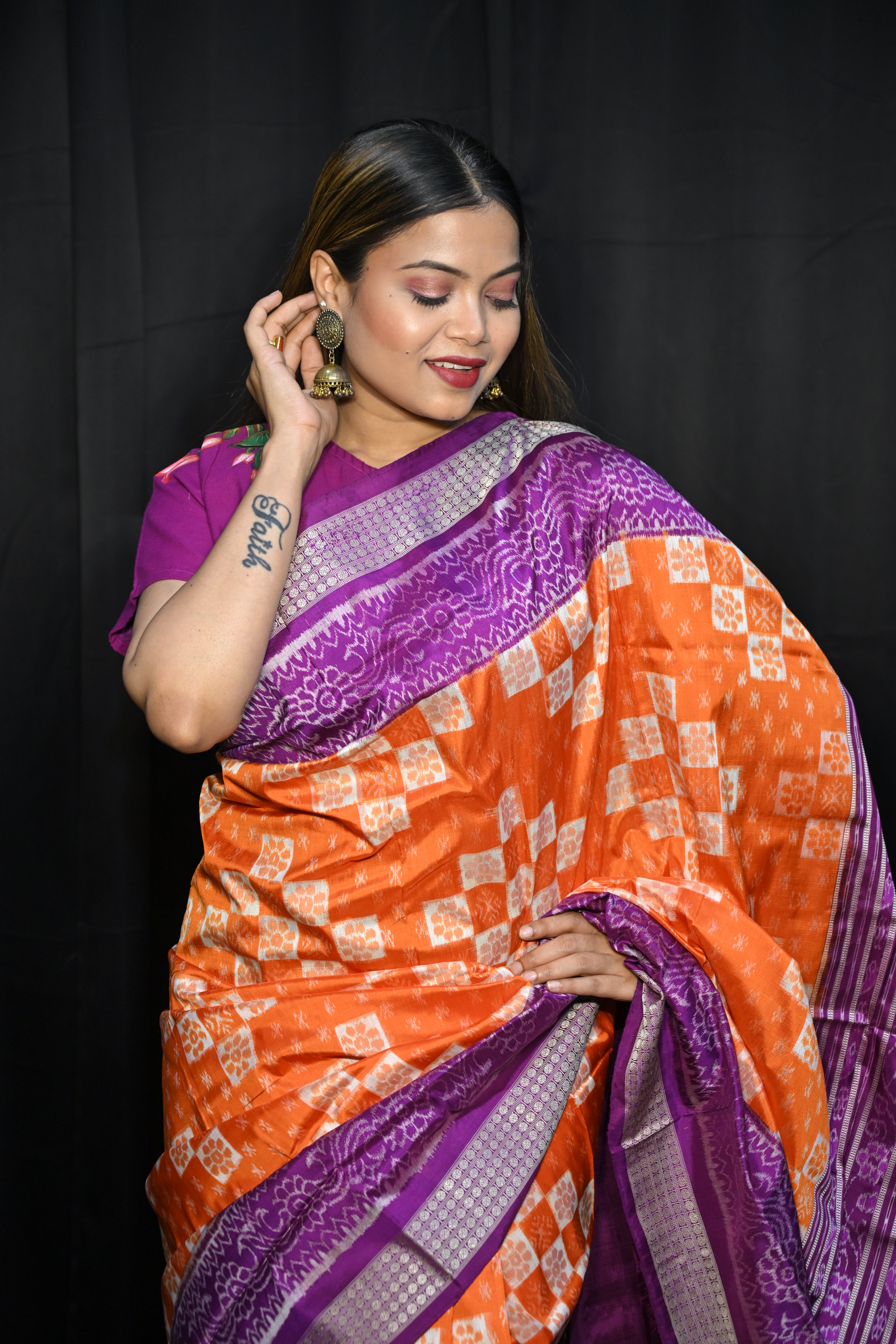 Orange Purple Pasapali Design Sambalpuri Silk Saree