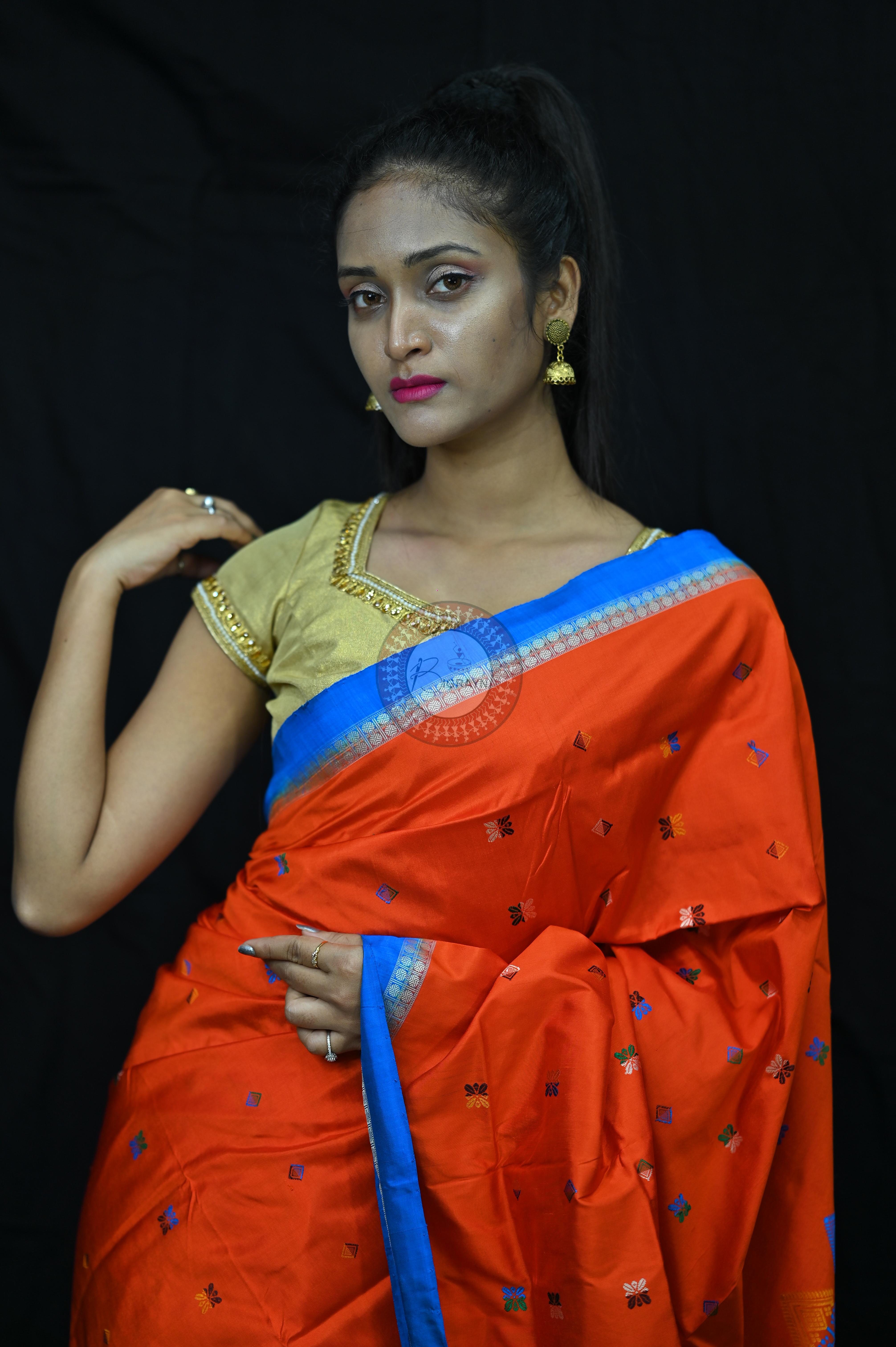 Orange Sky creame Teracota Bomkai Silk Saree