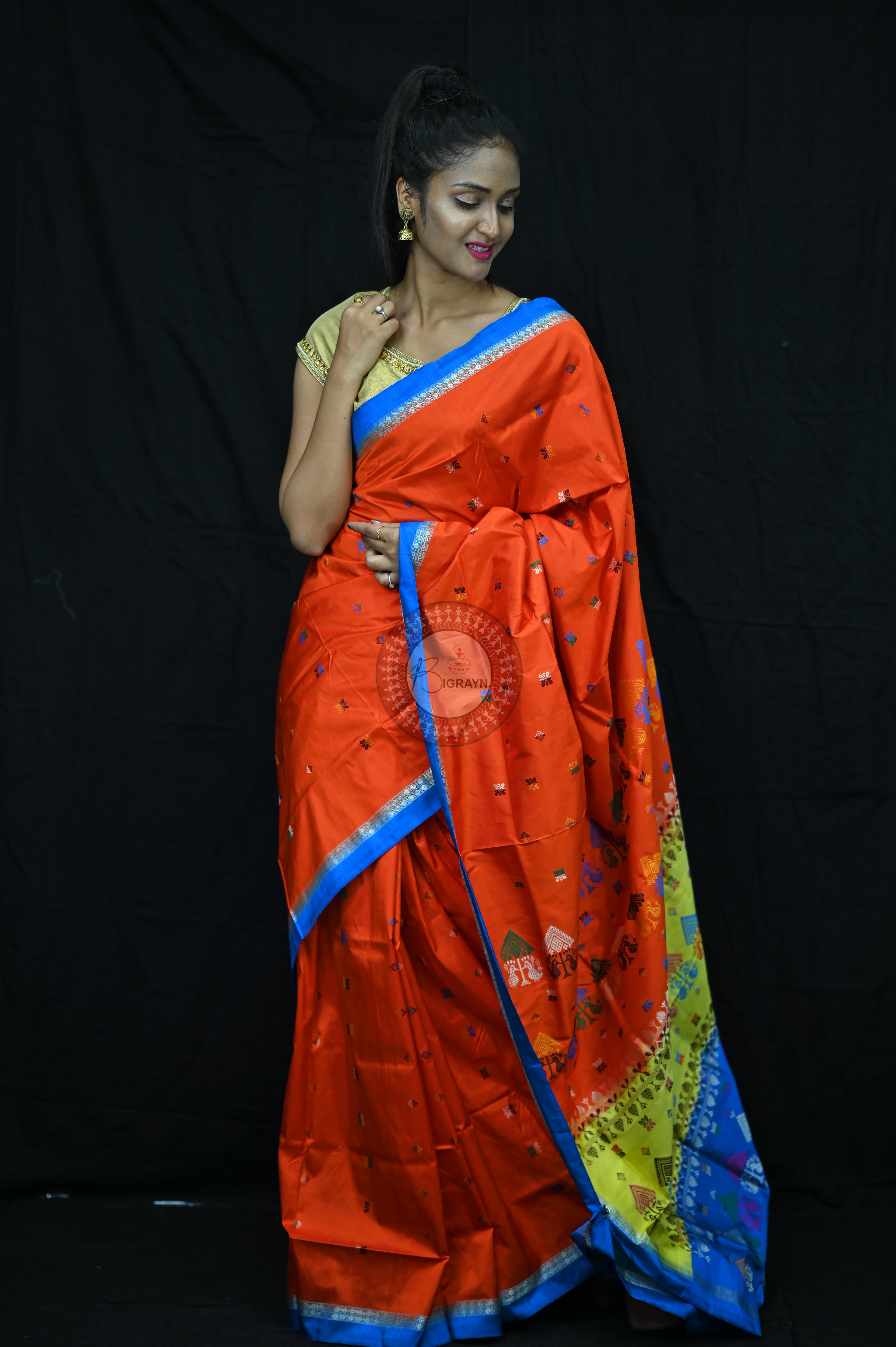 Orange Sky creame Teracota Bomkai Silk Saree