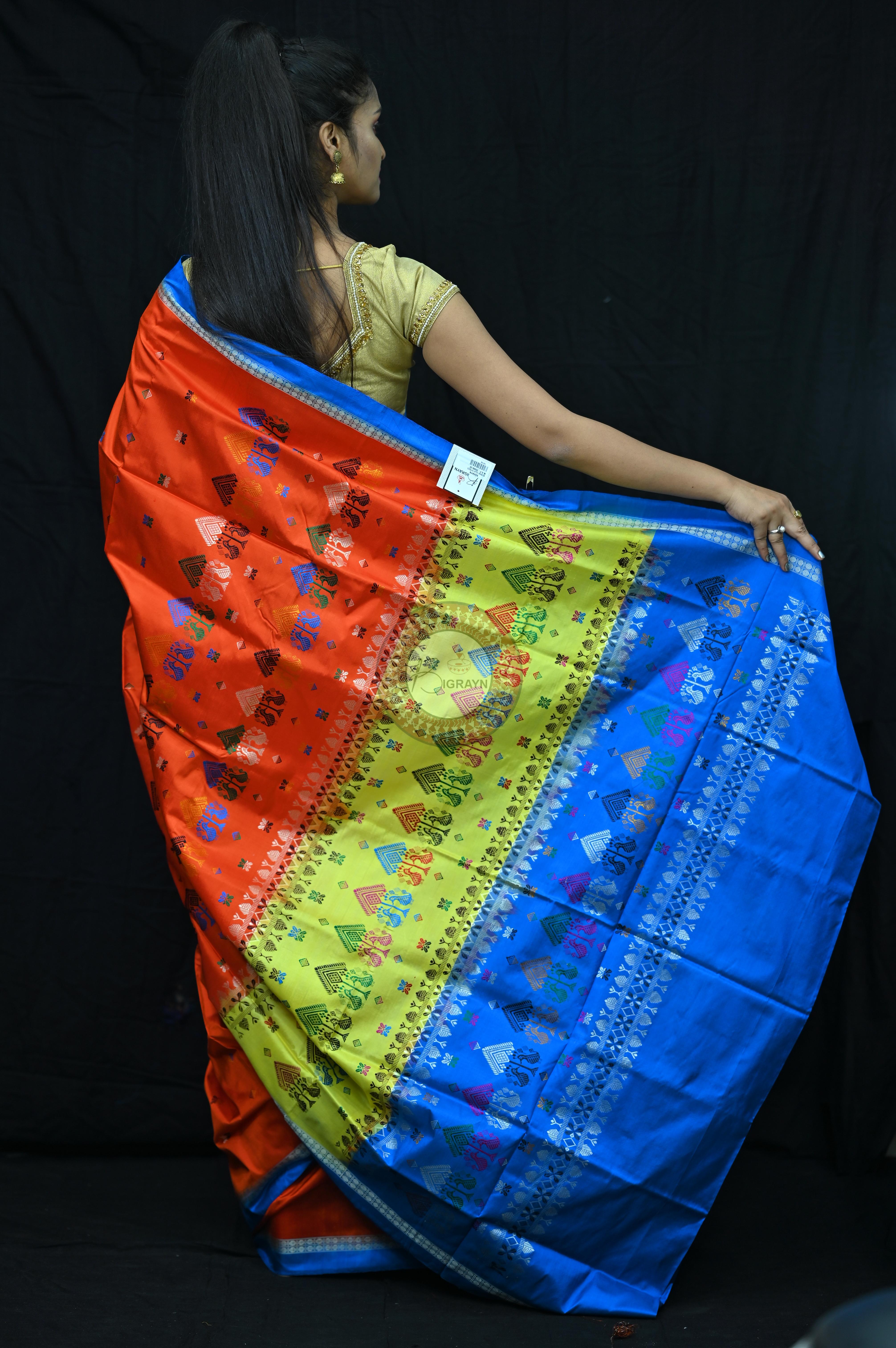 Orange Sky creame Teracota Bomkai Silk Saree