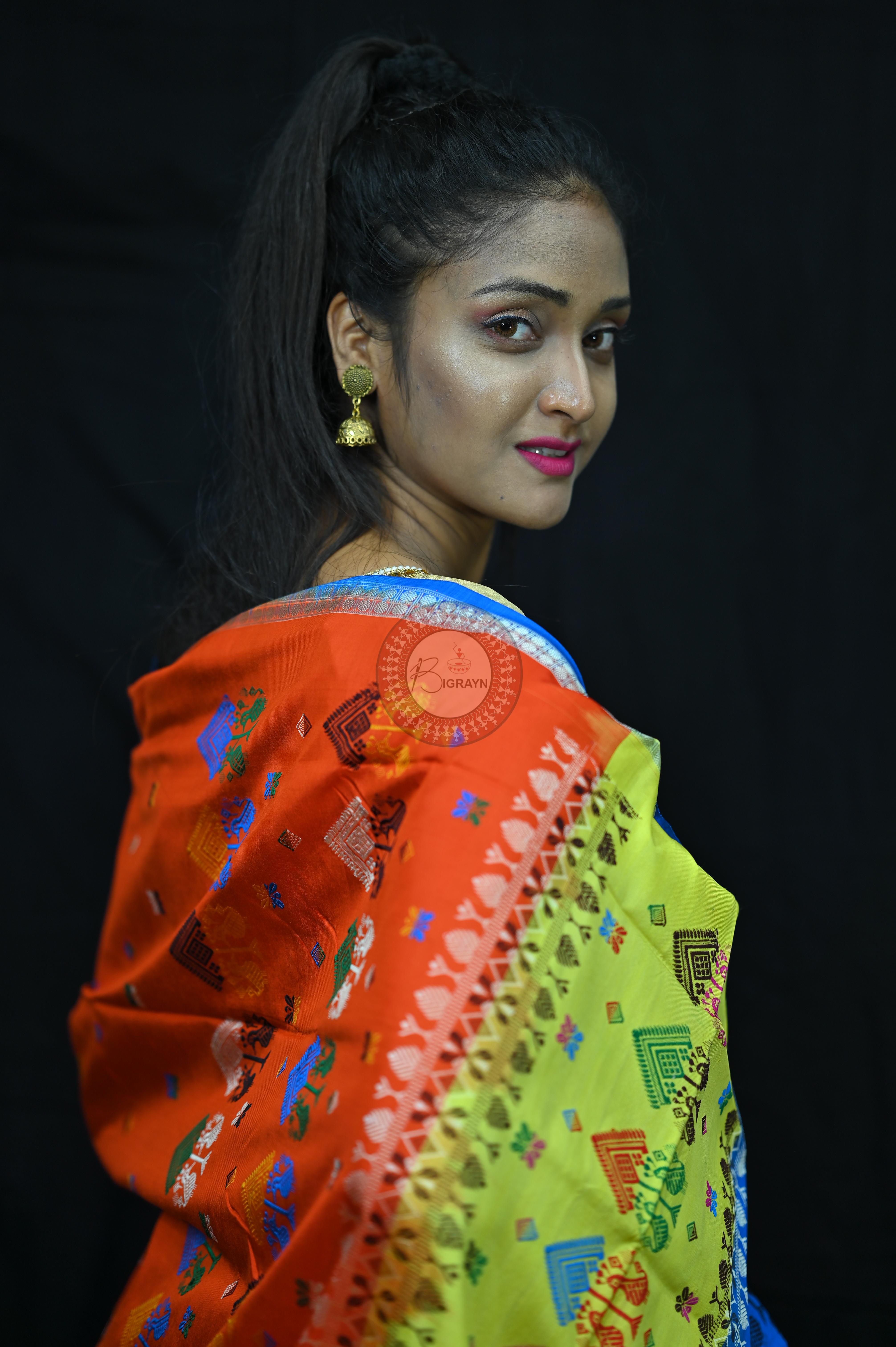 Orange Sky creame Teracota Bomkai Silk Saree