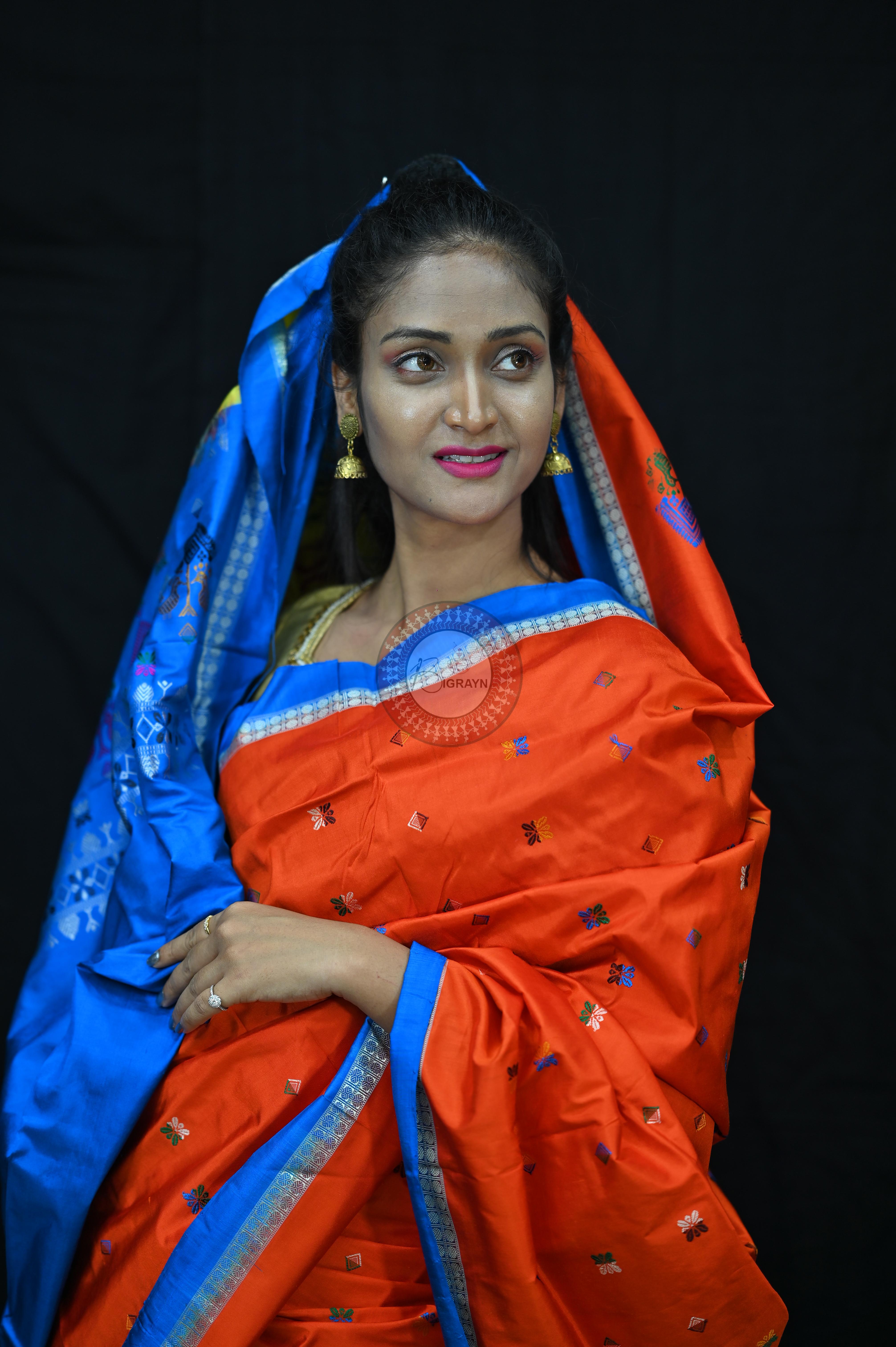 Orange Sky creame Teracota Bomkai Silk Saree