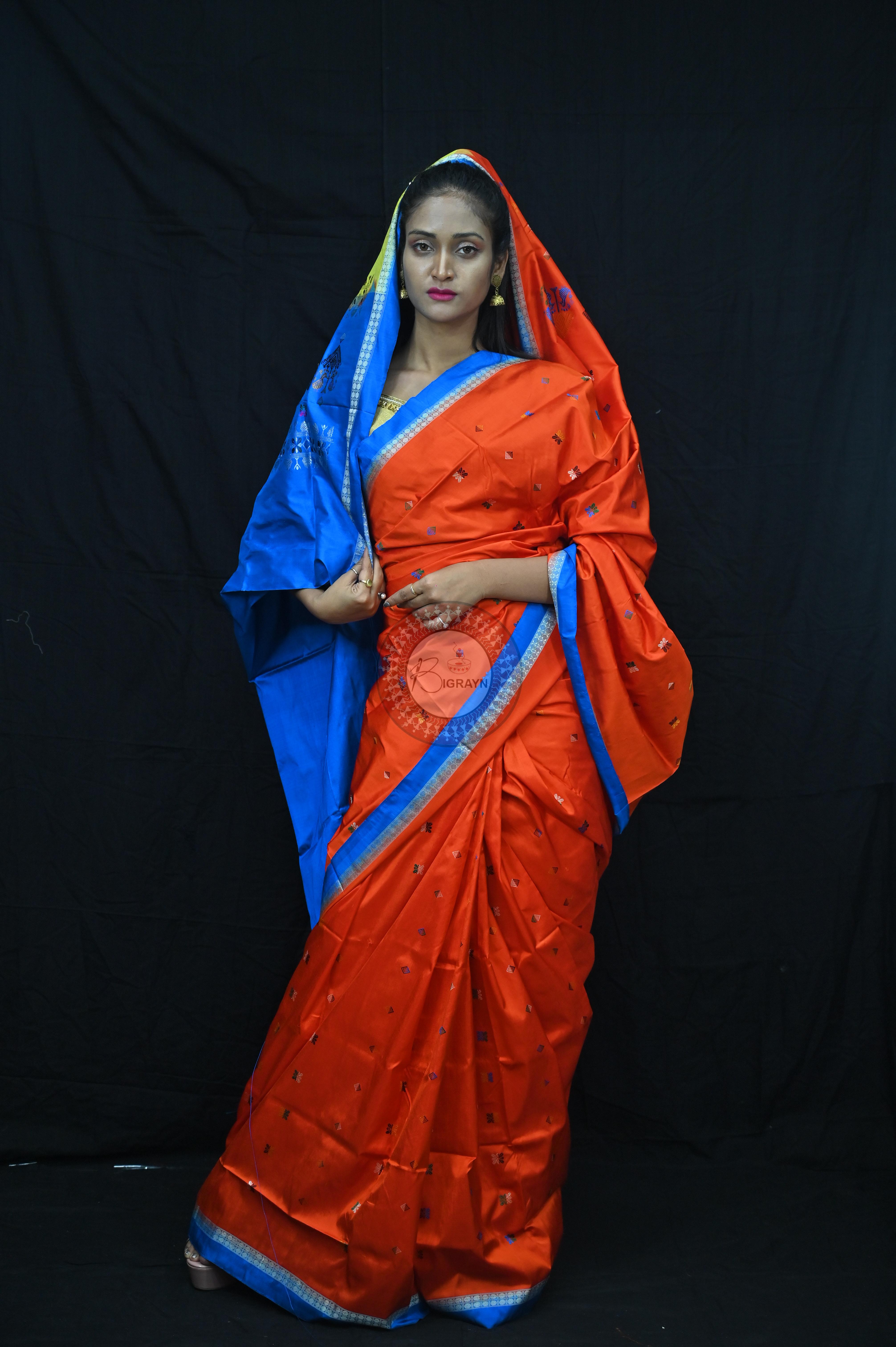 Orange Sky creame Teracota Bomkai Silk Saree
