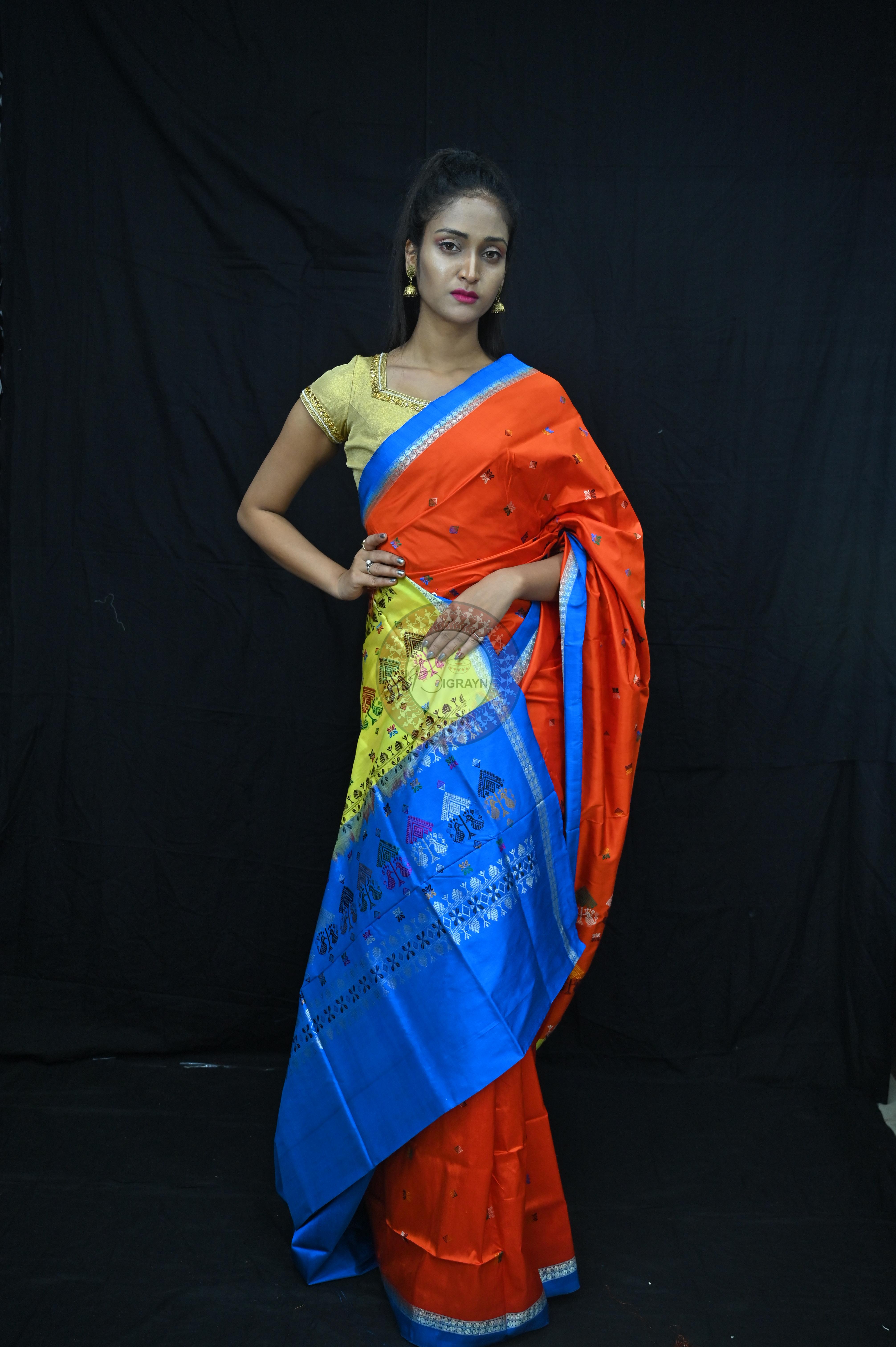 Orange Sky creame Teracota Bomkai Silk Saree