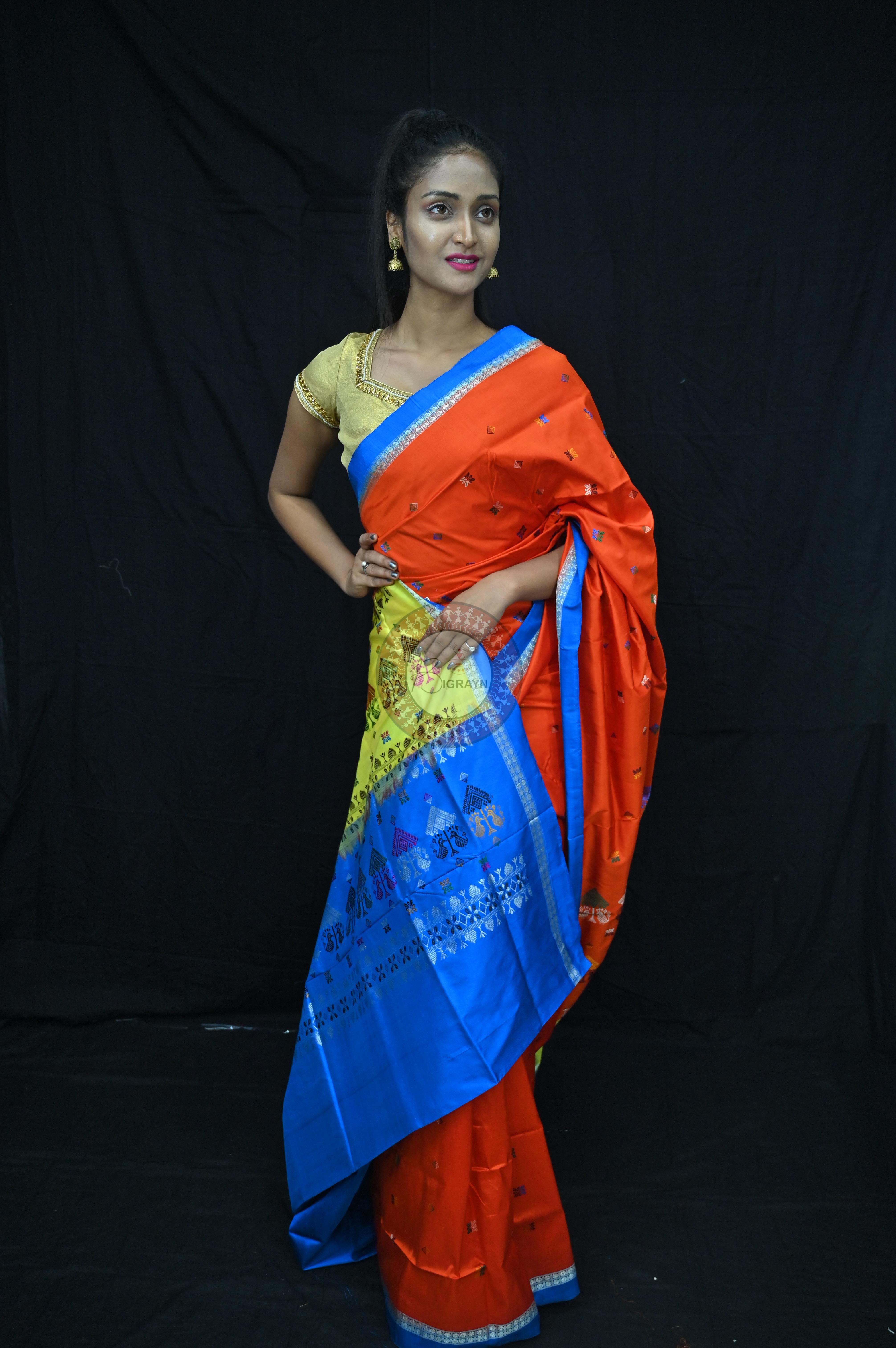 Orange Sky creame Teracota Bomkai Silk Saree
