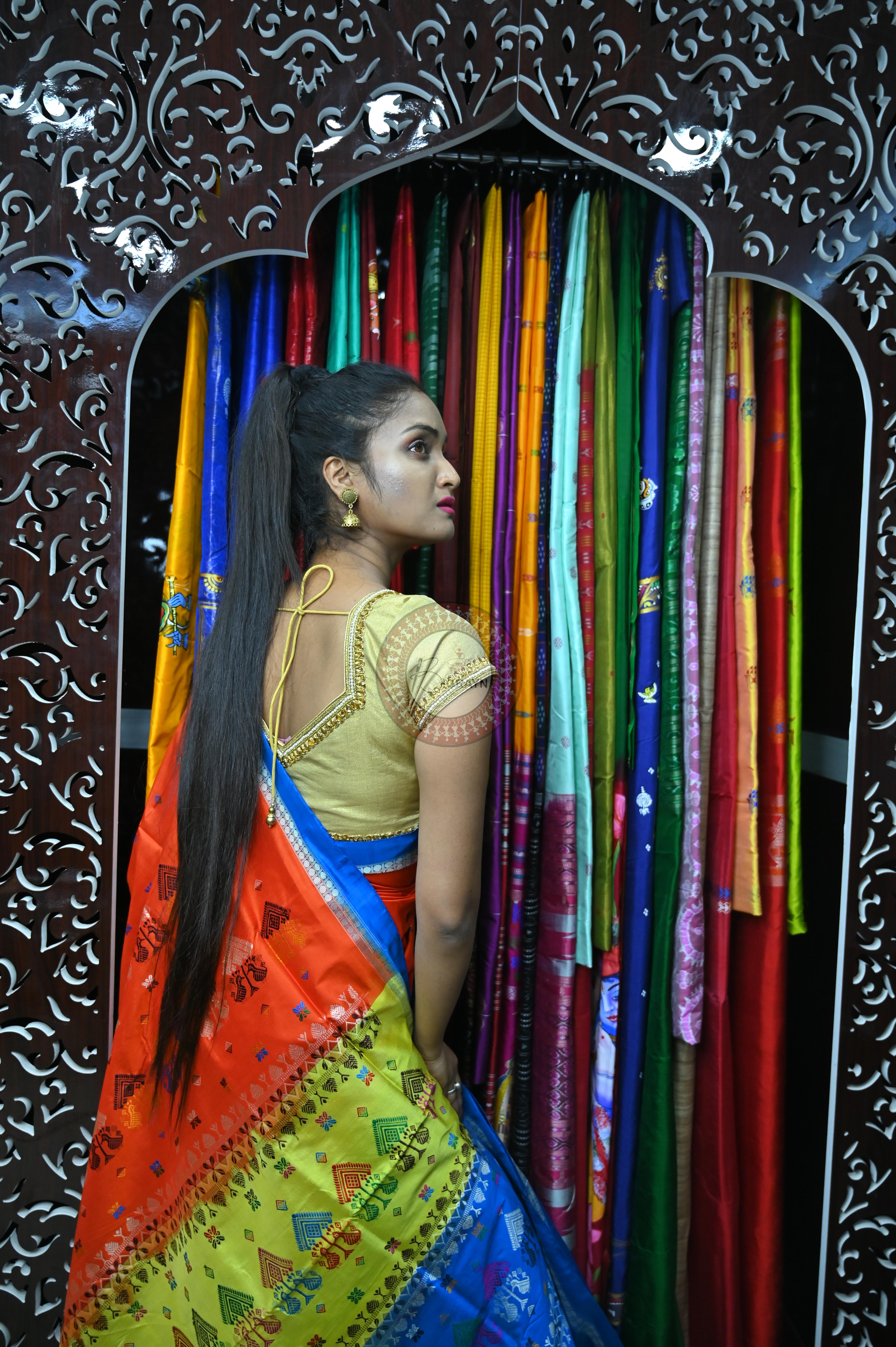 Orange Sky creame Teracota Bomkai Silk Saree