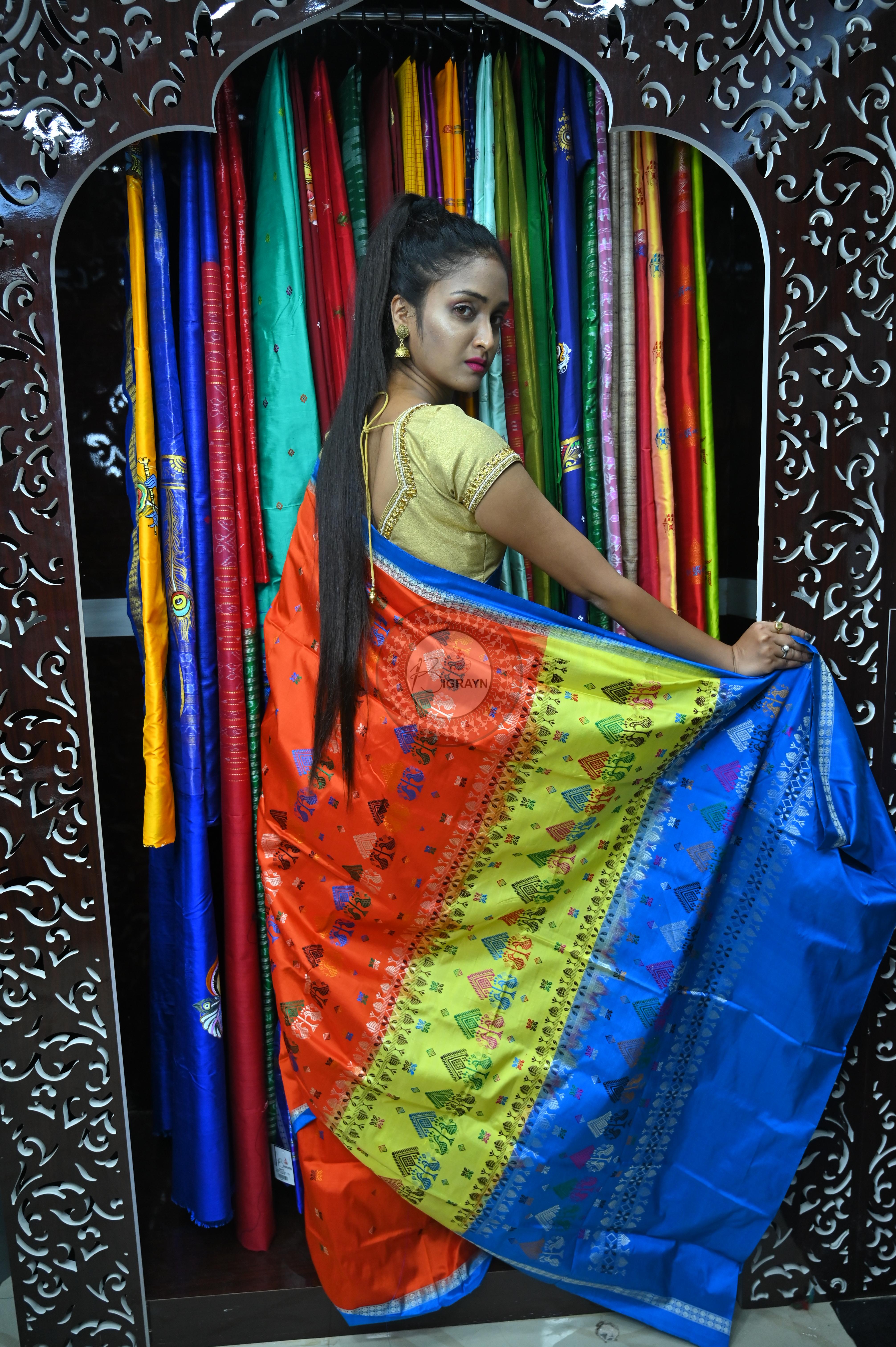 Orange Sky creame Teracota Bomkai Silk Saree