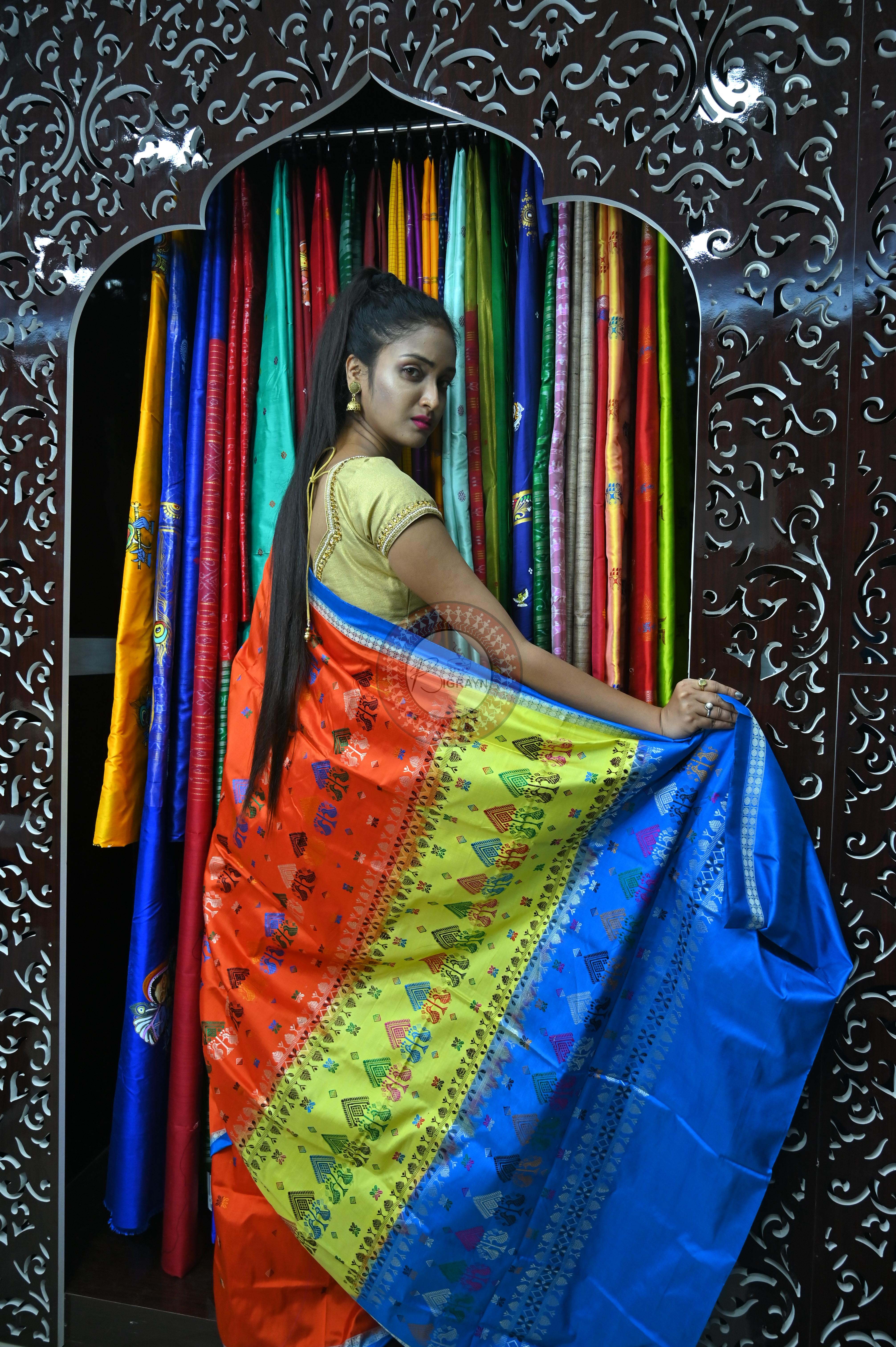 Orange Sky creame Teracota Bomkai Silk Saree