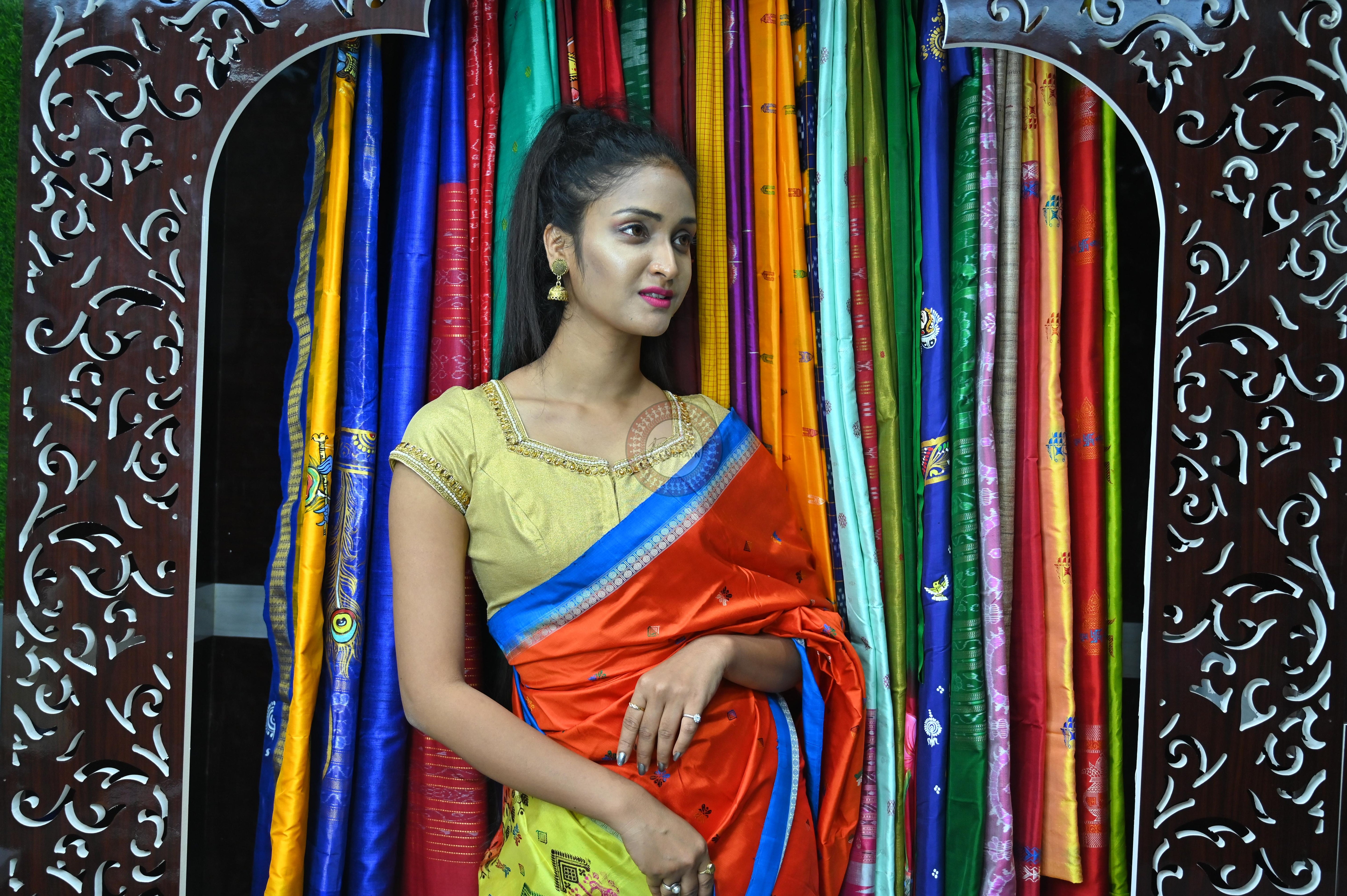Orange Sky creame Teracota Bomkai Silk Saree