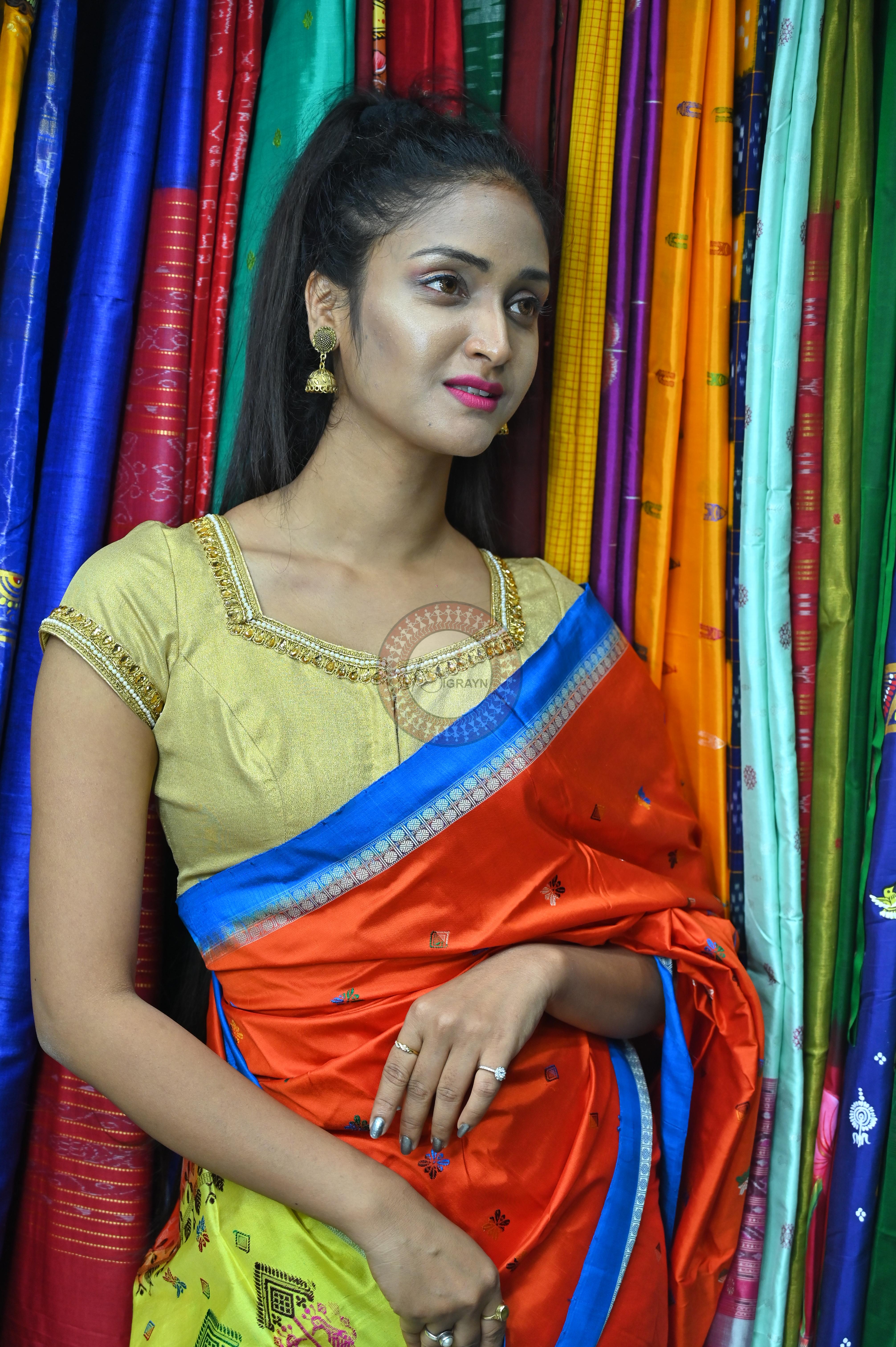 Orange Sky creame Teracota Bomkai Silk Saree