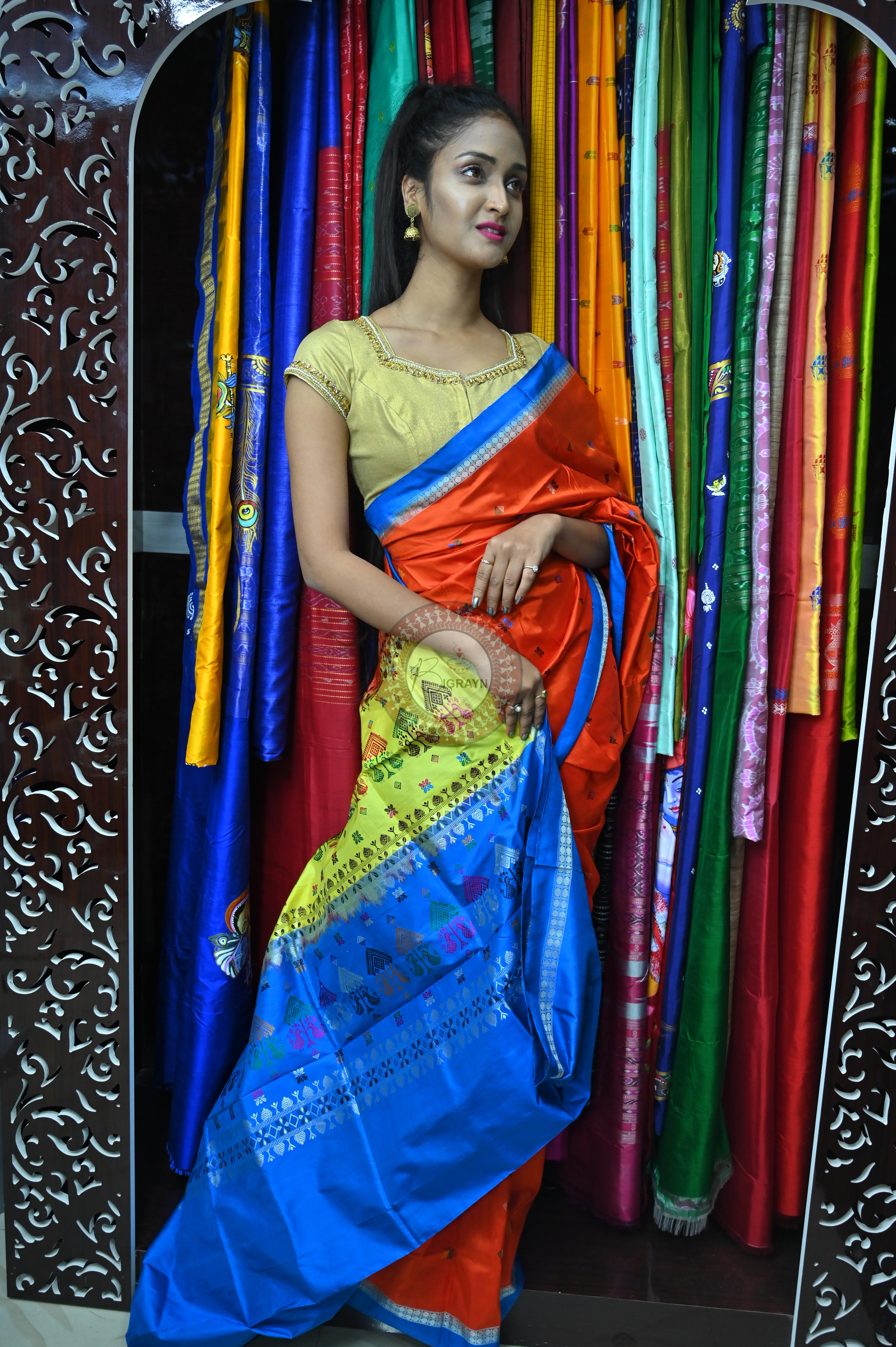Orange Sky creame Teracota Bomkai Silk Saree