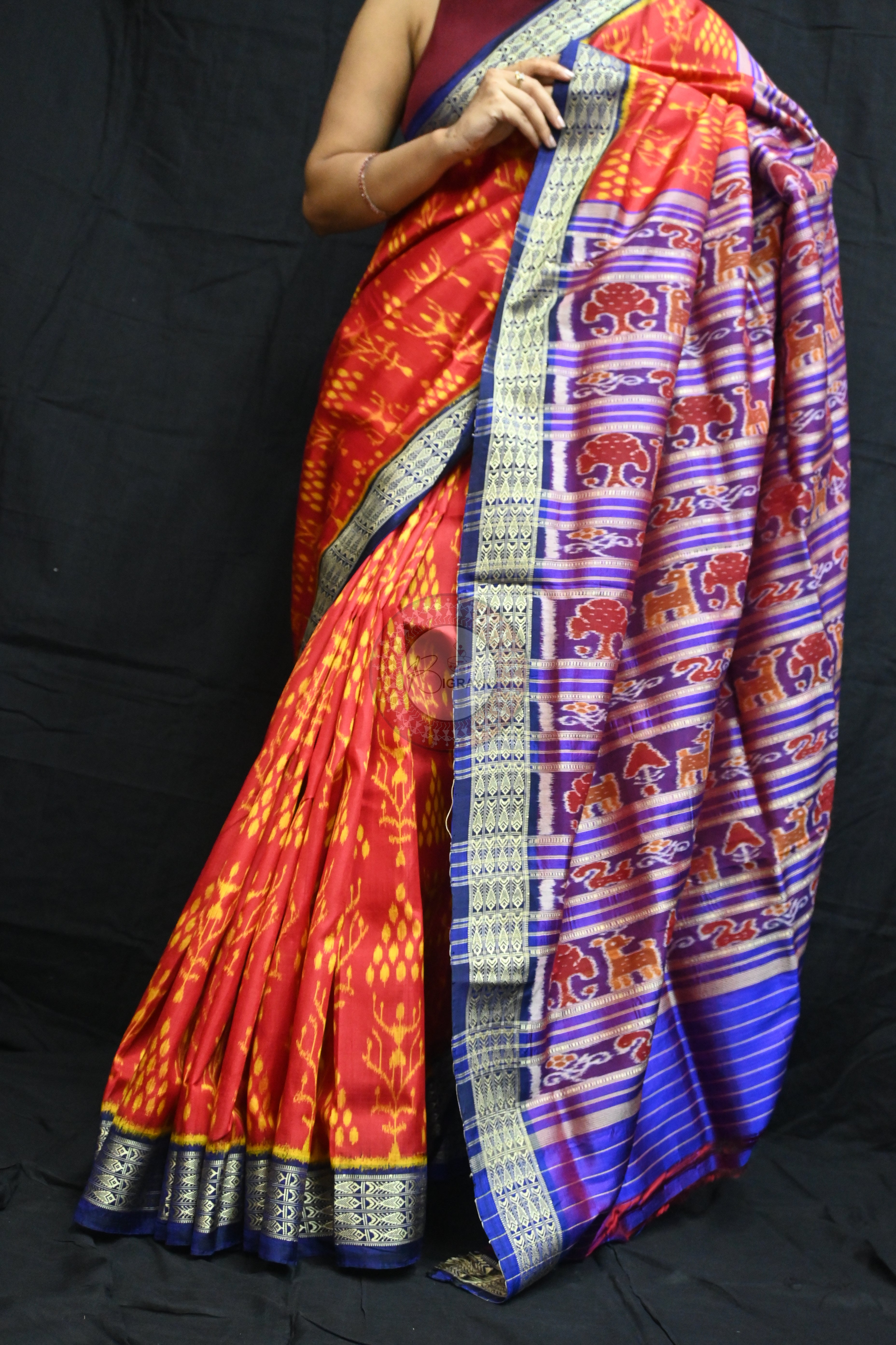 Red Blue Fish Border Tribal Chitta Mulberry Silk Saree