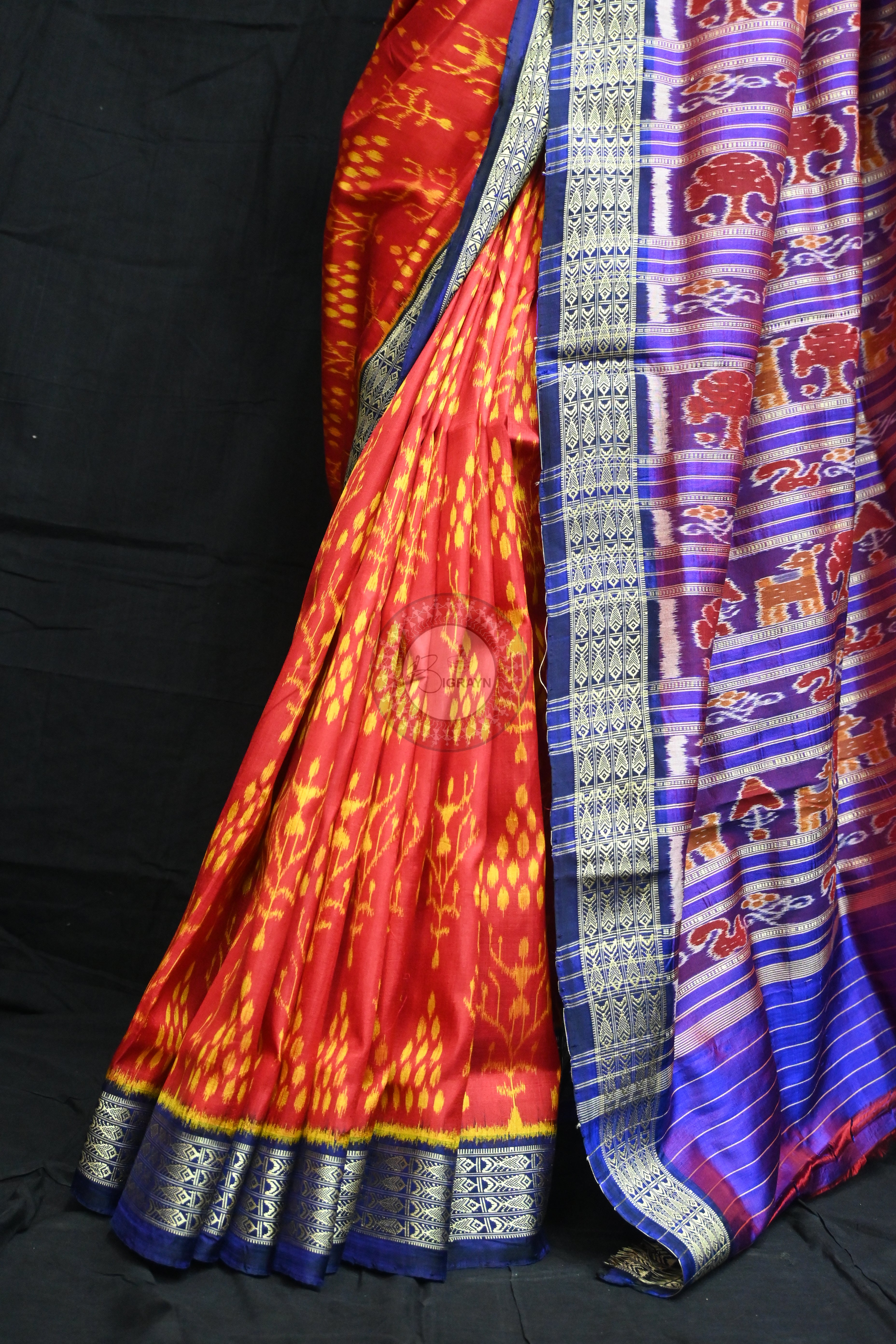 Red Blue Fish Border Tribal Chitta Mulberry Silk Saree