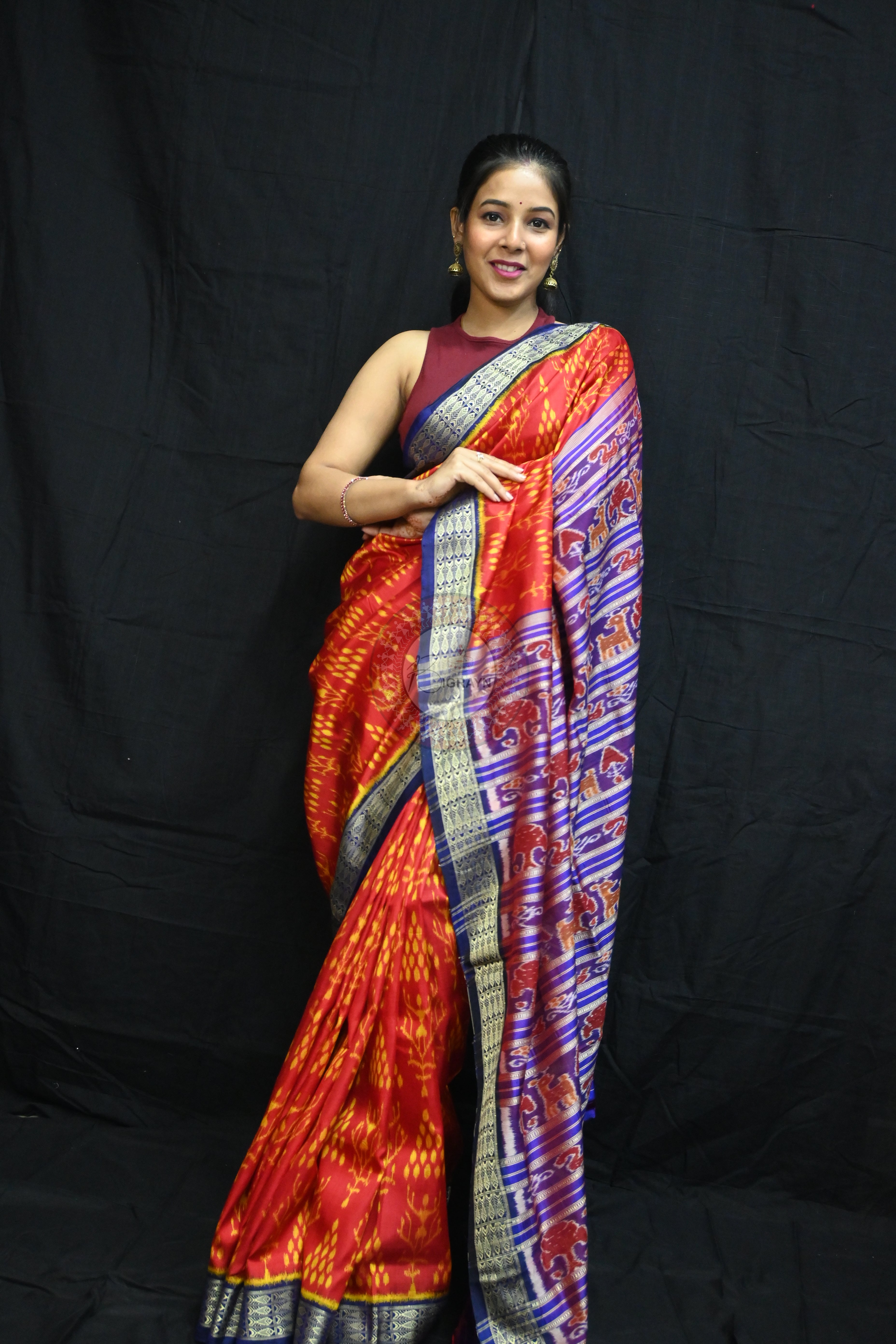 Red Blue Fish Border Tribal Chitta Mulberry Silk Saree
