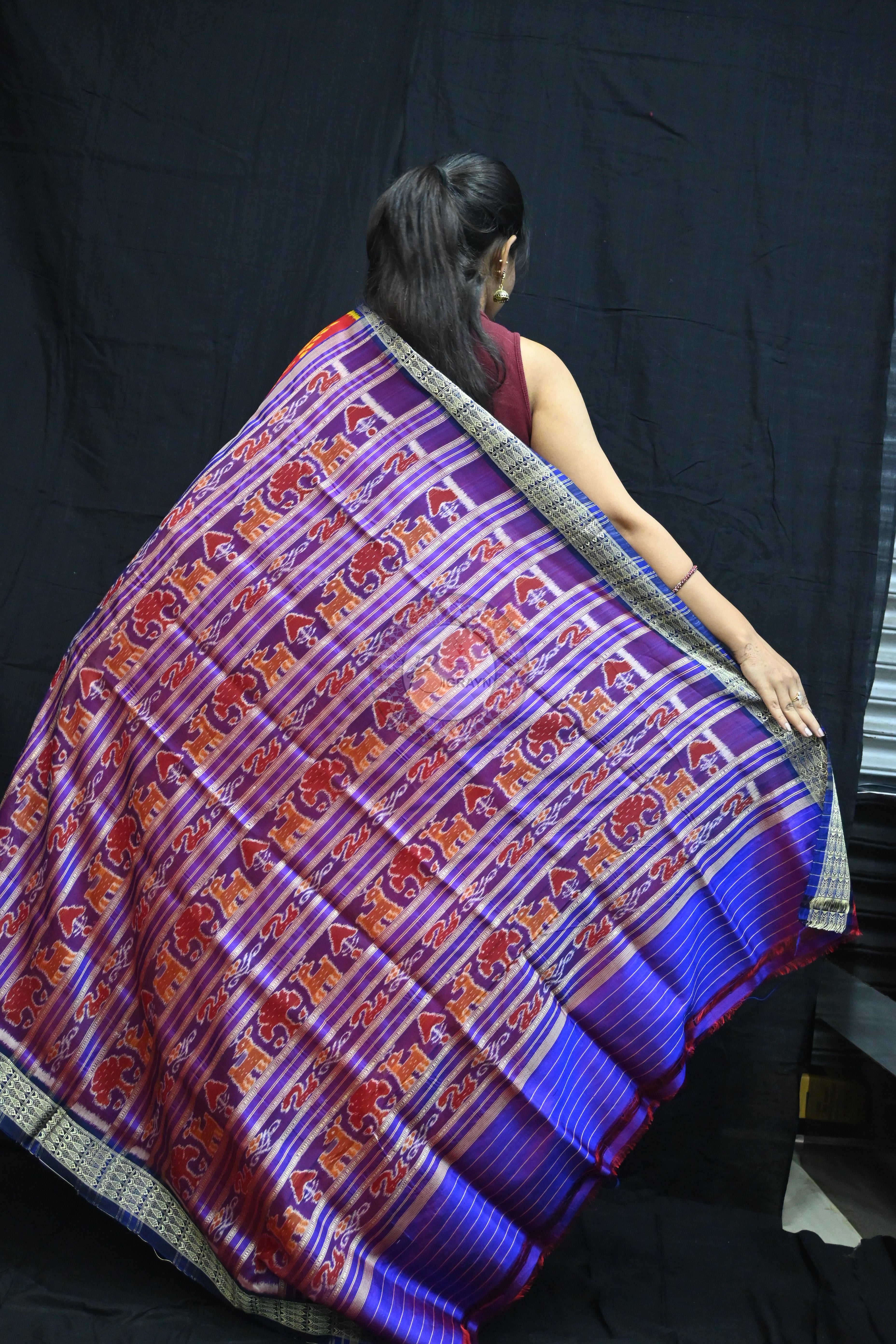 Red Blue Fish Border Tribal Chitta Mulberry Silk Saree