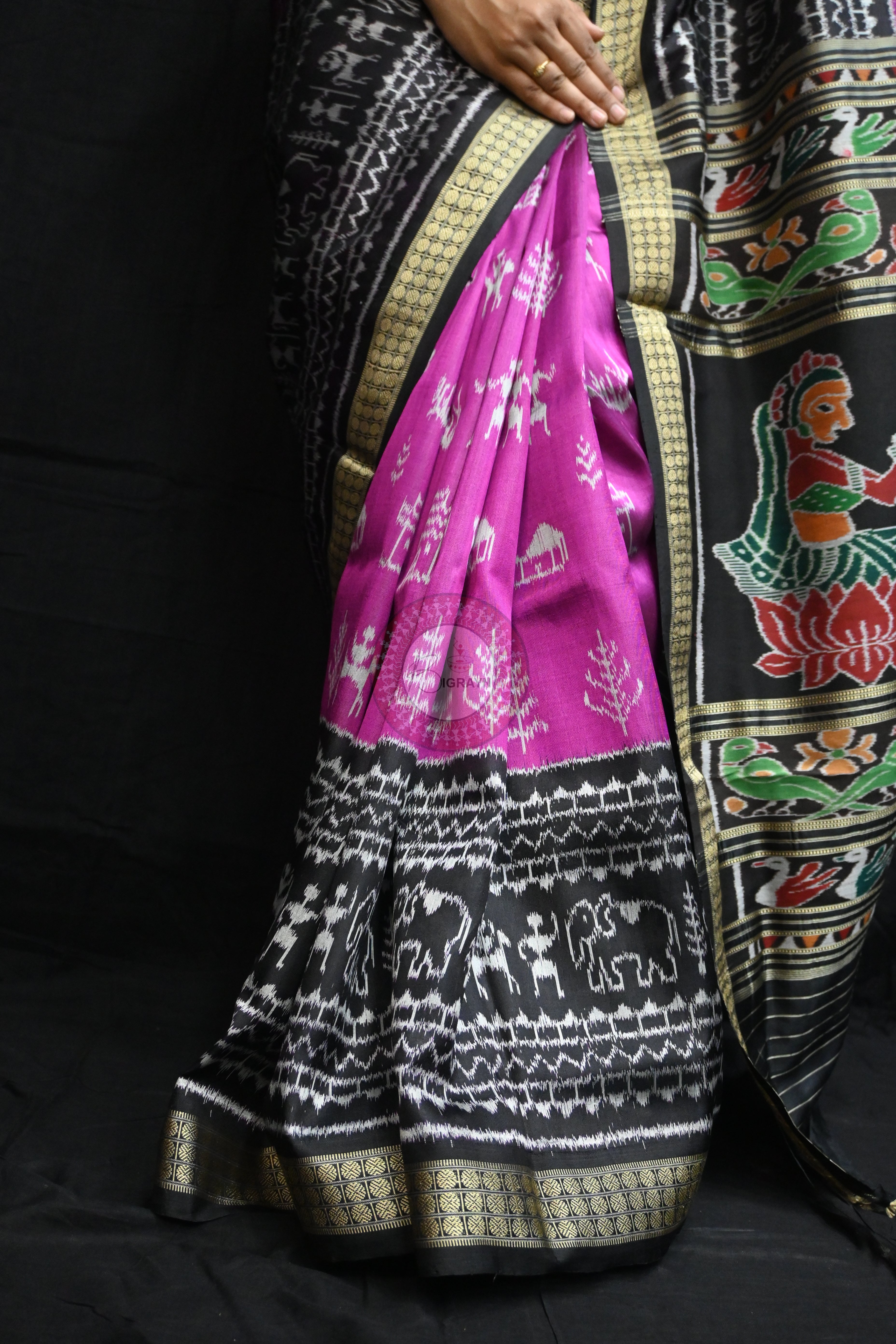 Purple Black Tribal House Scot Mulberry Silk Saree