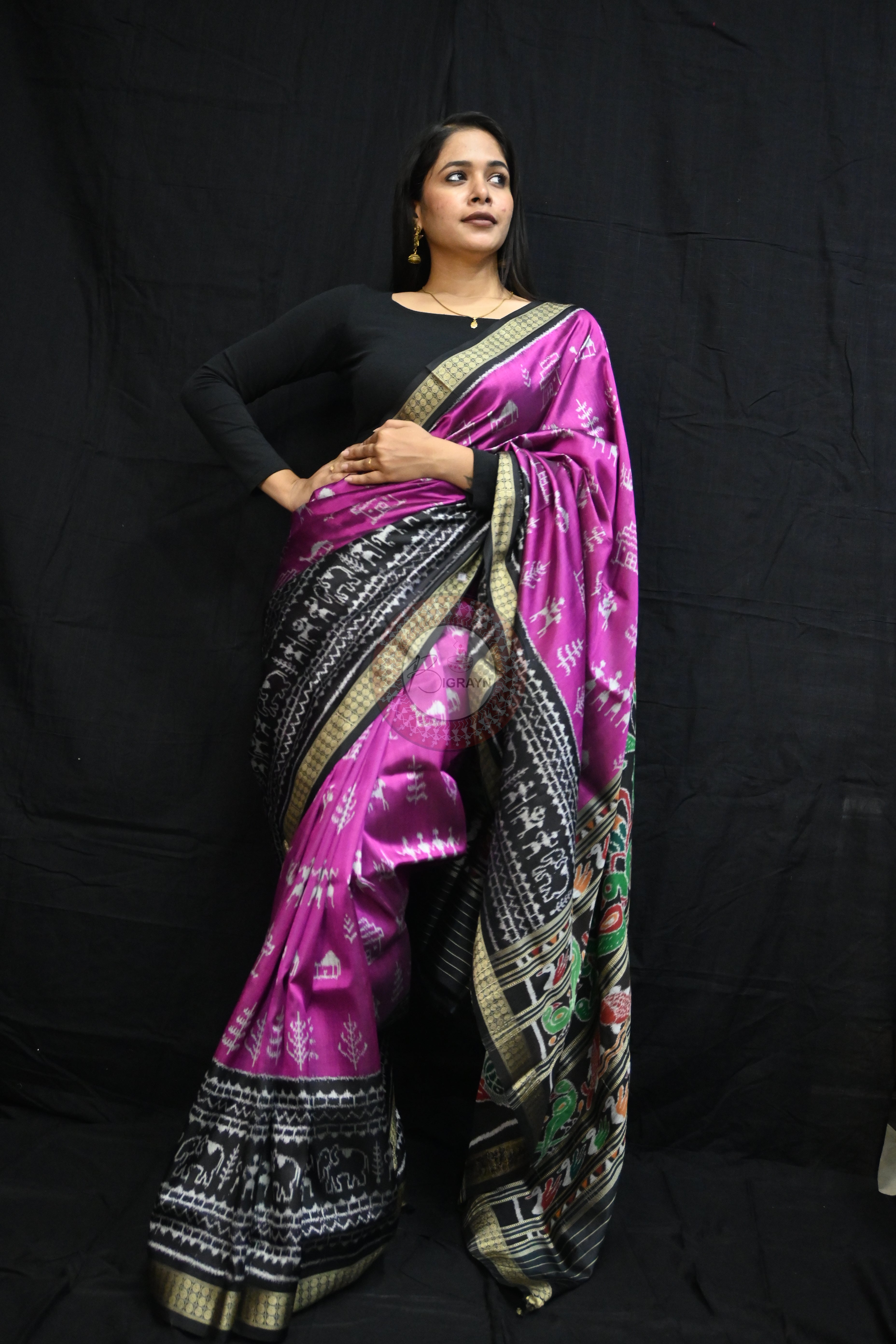 Purple Black Tribal House Scot Mulberry Silk Saree