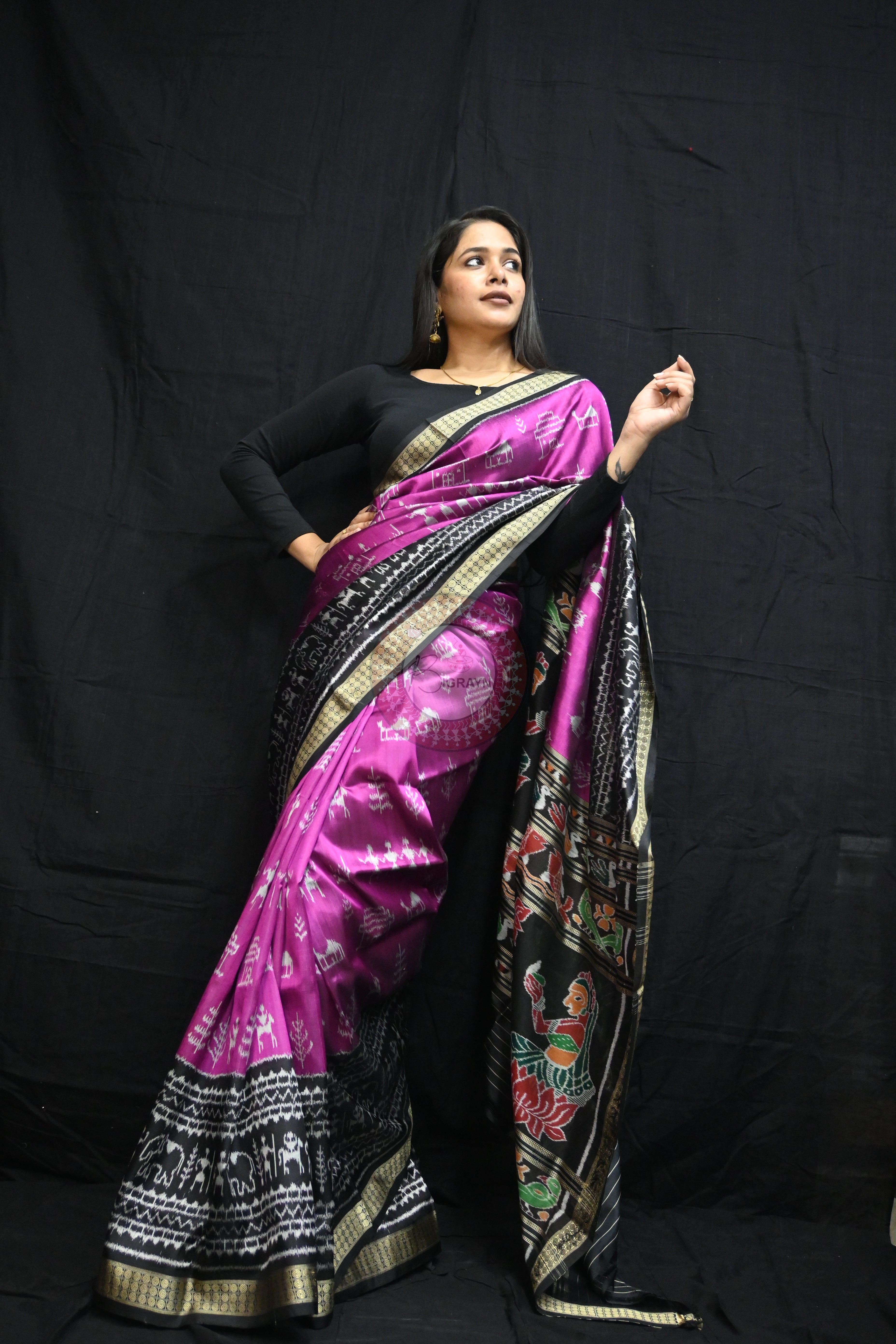 Purple Black Tribal House Scot Mulberry Silk Saree