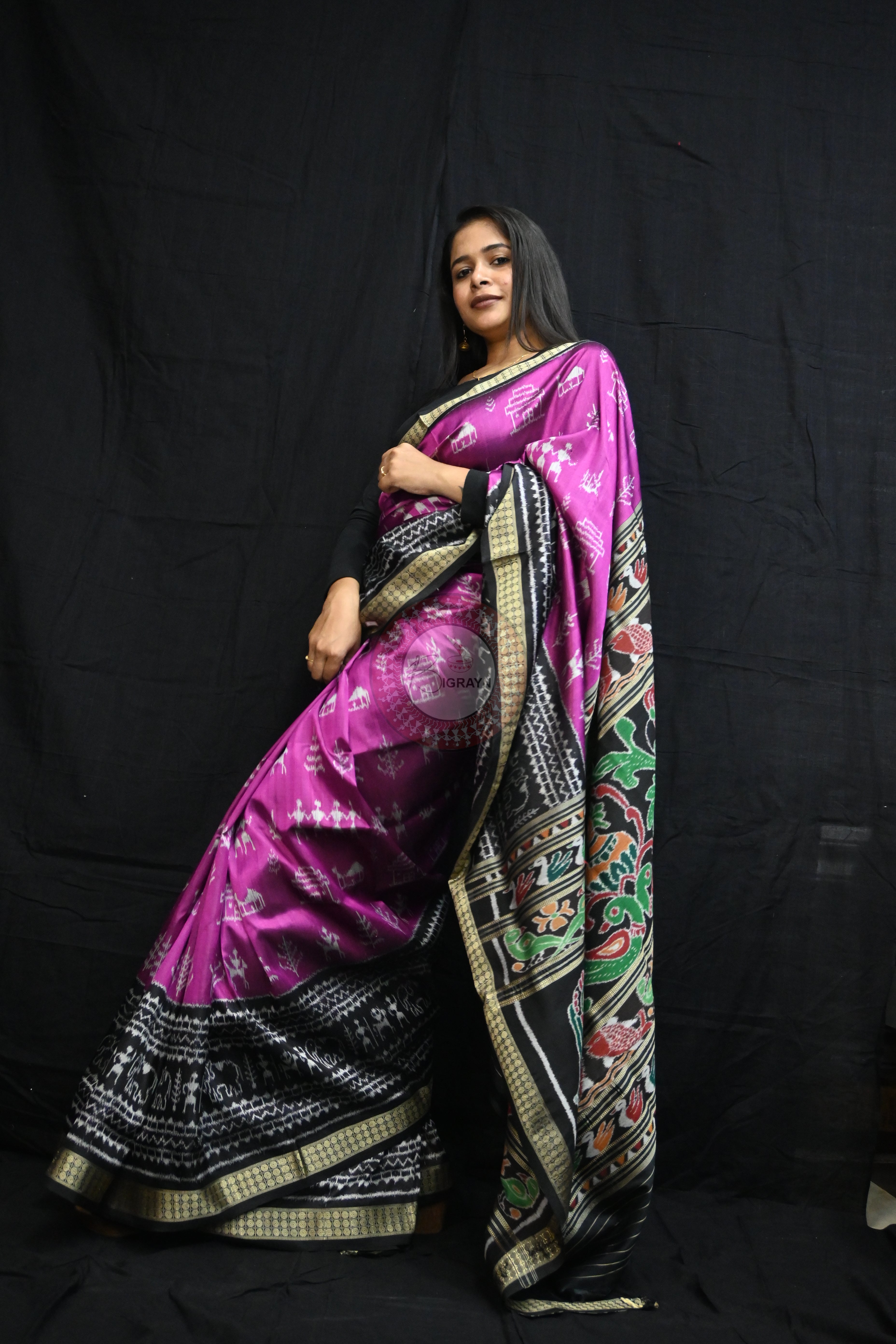 Purple Black Tribal House Scot Mulberry Silk Saree